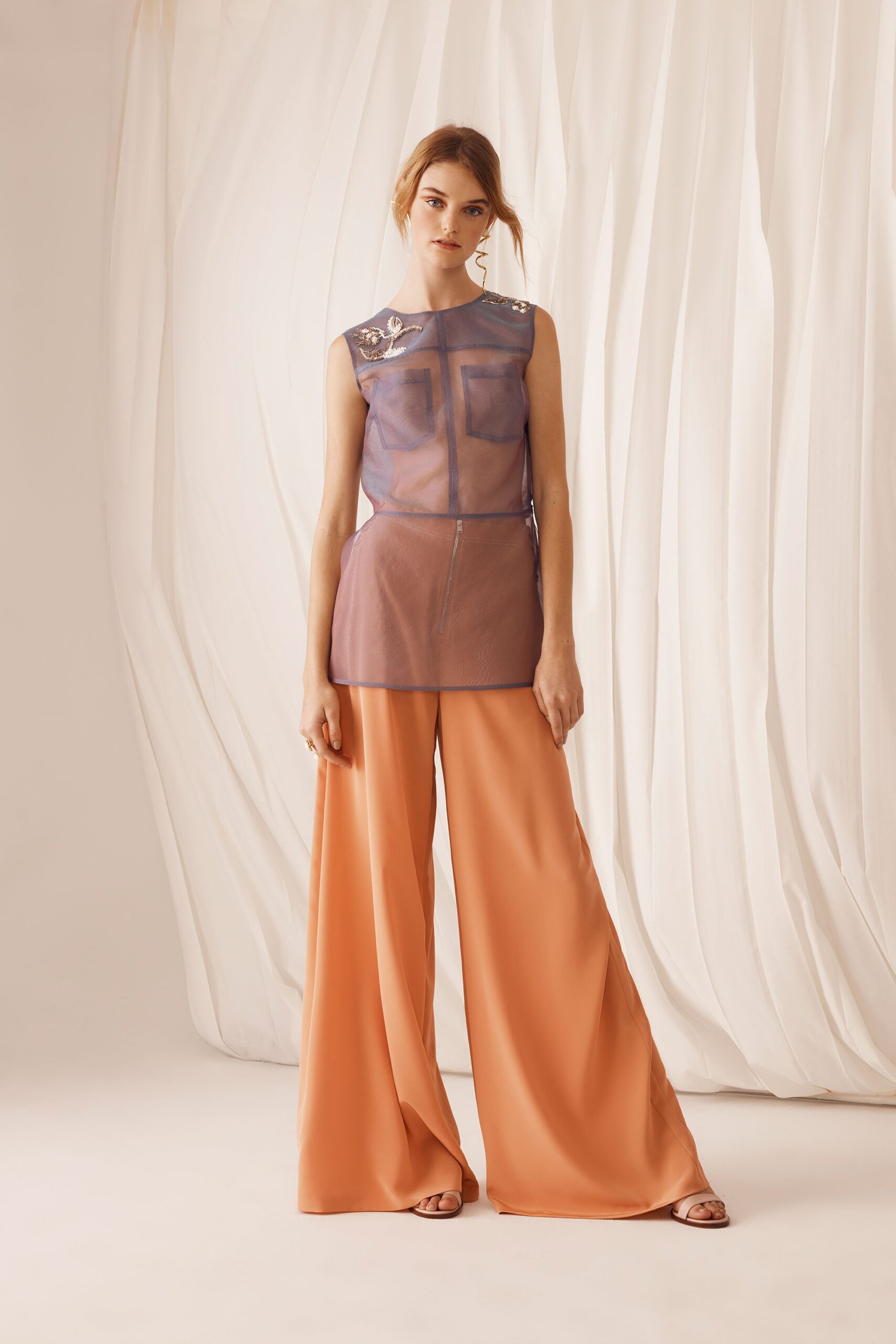 purple mesh sleeveless high-neck fitted layered sheer top