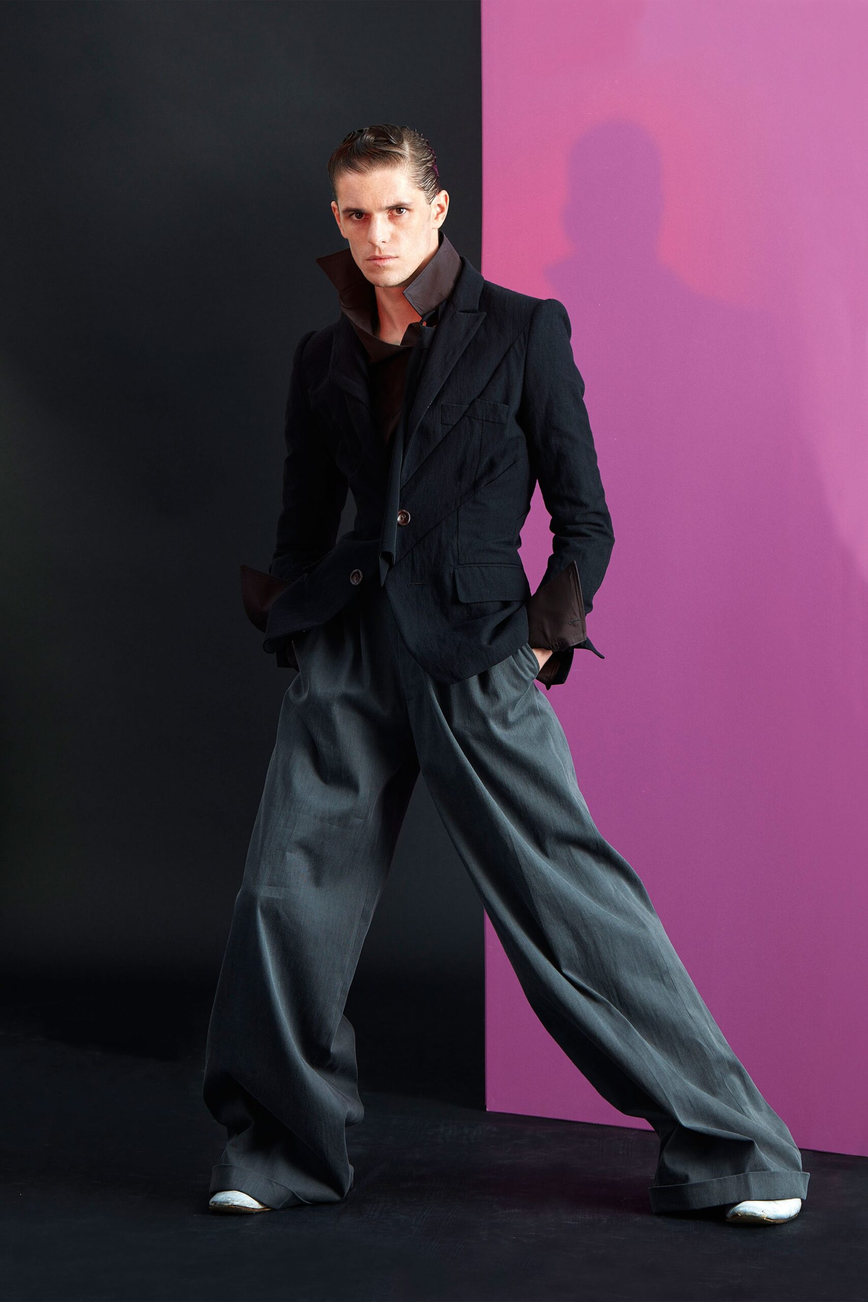 black structured blazer gray wide-leg pants