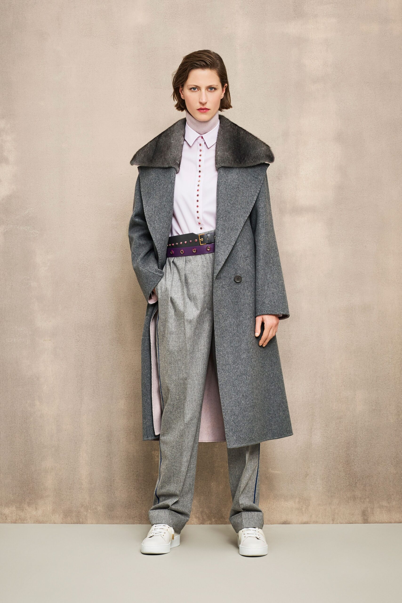 gray wool coat with tailored pants