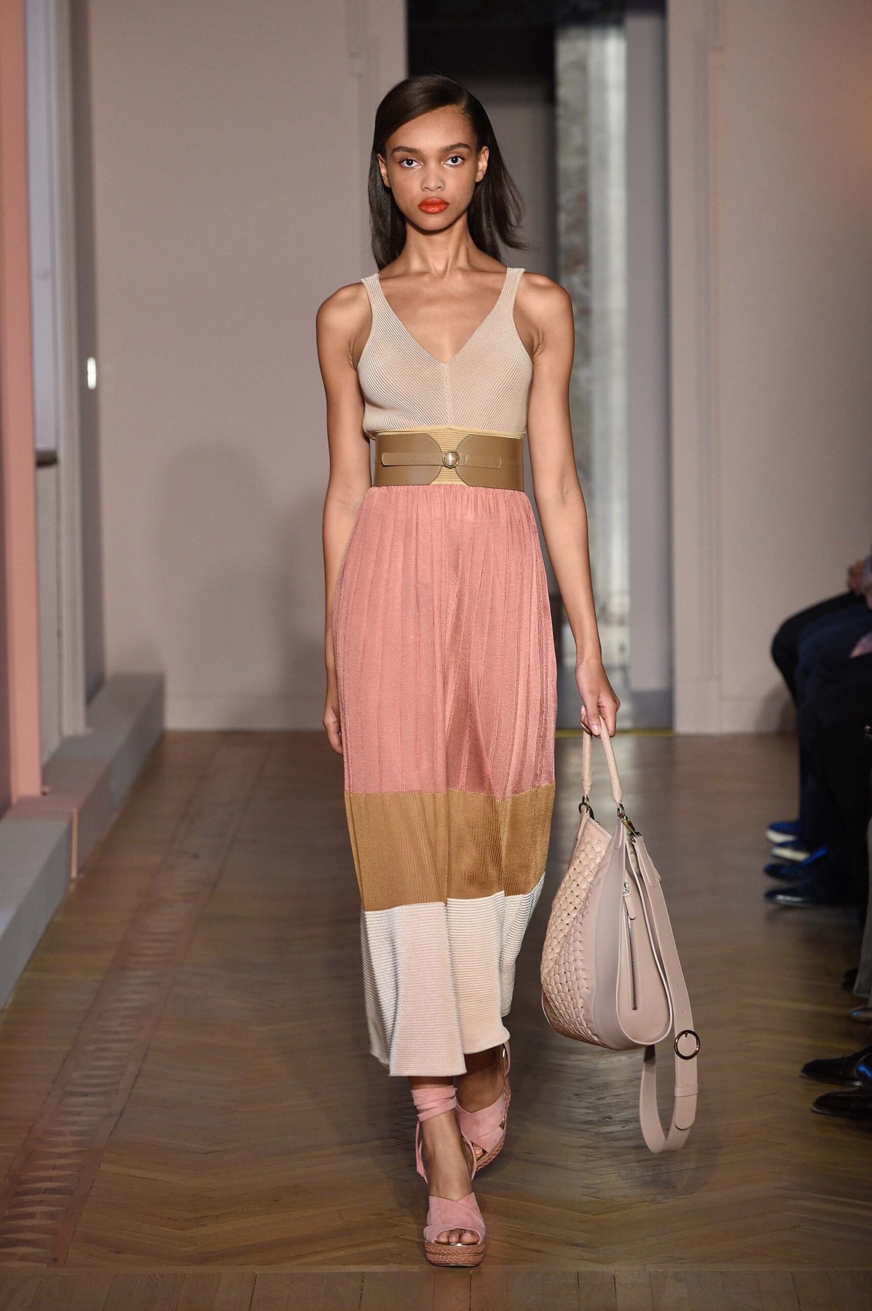 color-blocked maxi dress with accessories