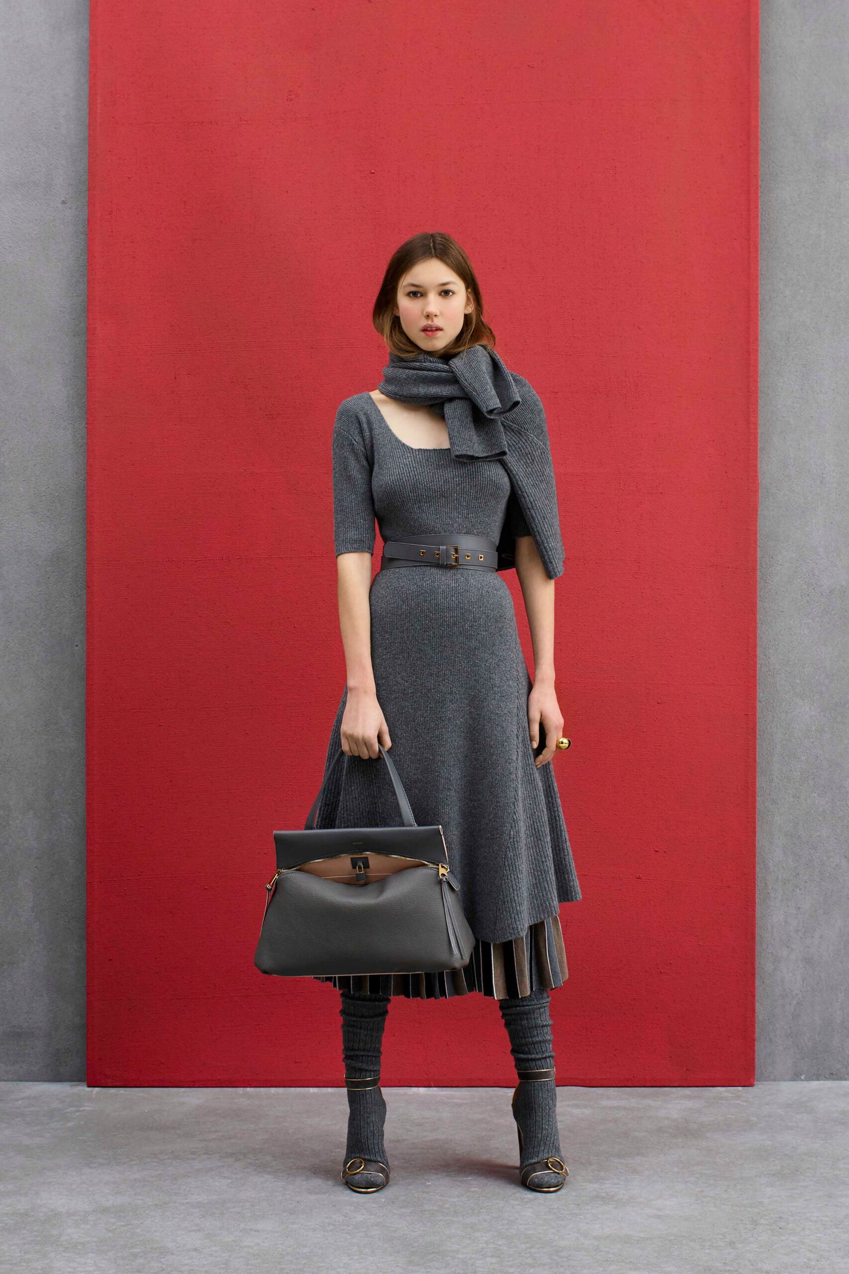 gray wool short-sleeve scoop-neck fitted pleated belted dress