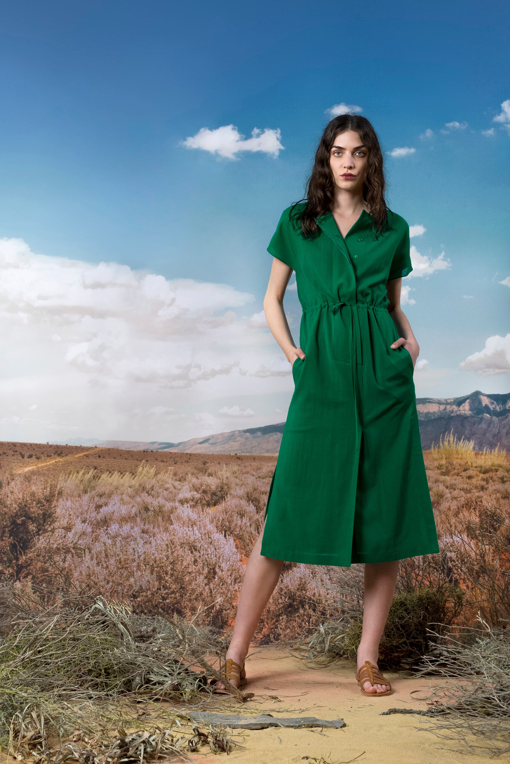 green cotton belted midi dress