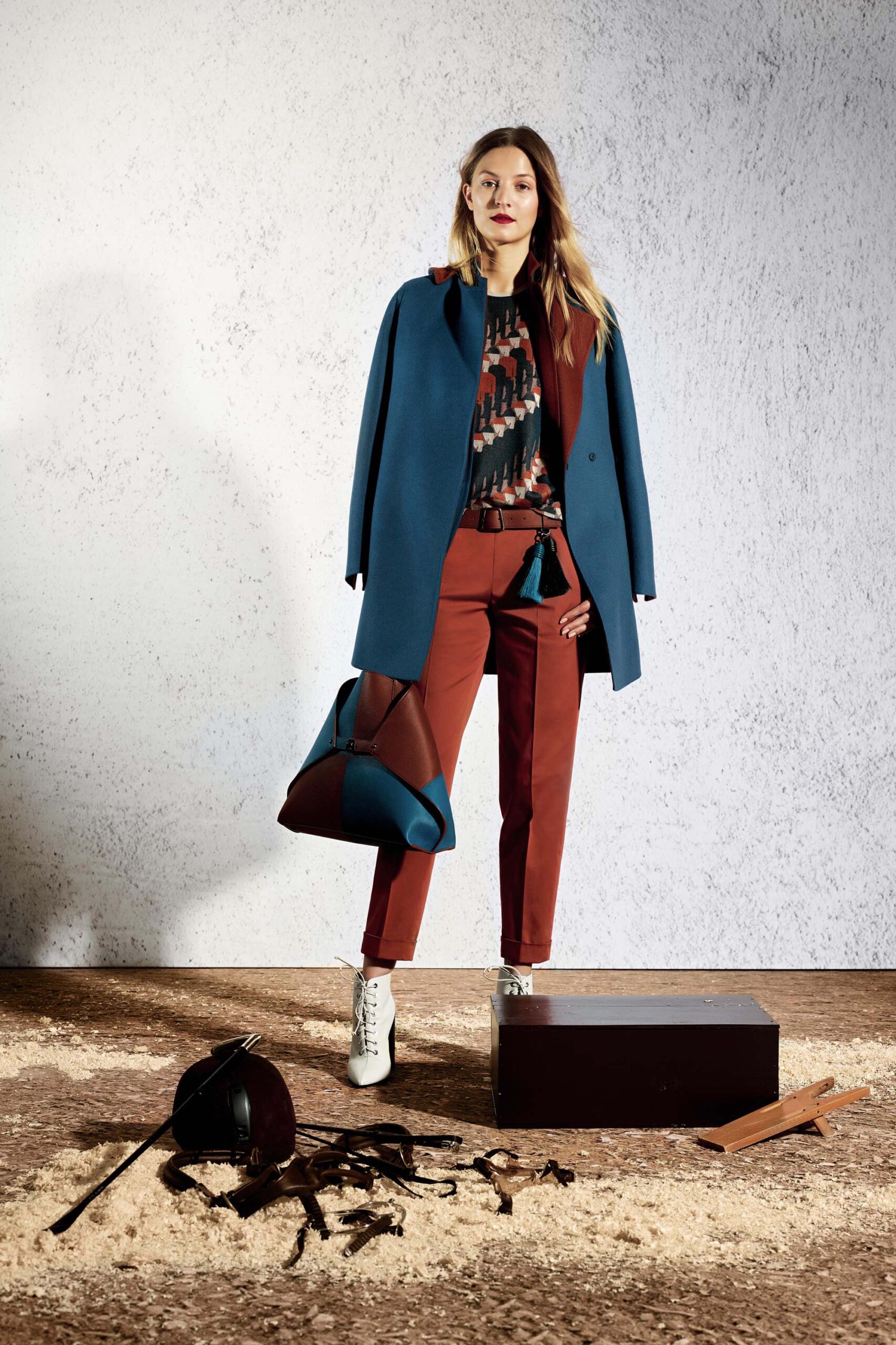 blue tailored coat with printed shirt