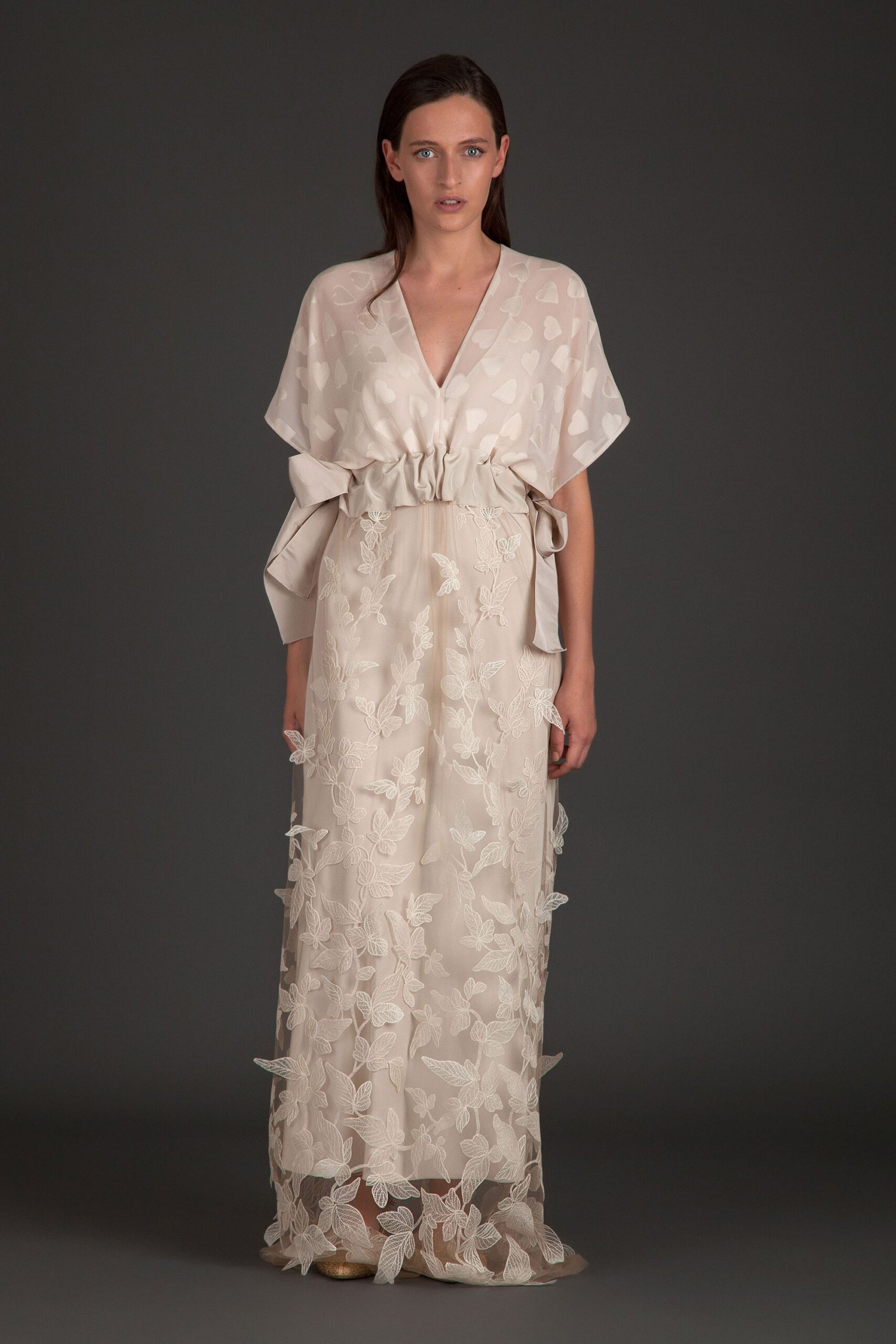 beige silk embroidered gown