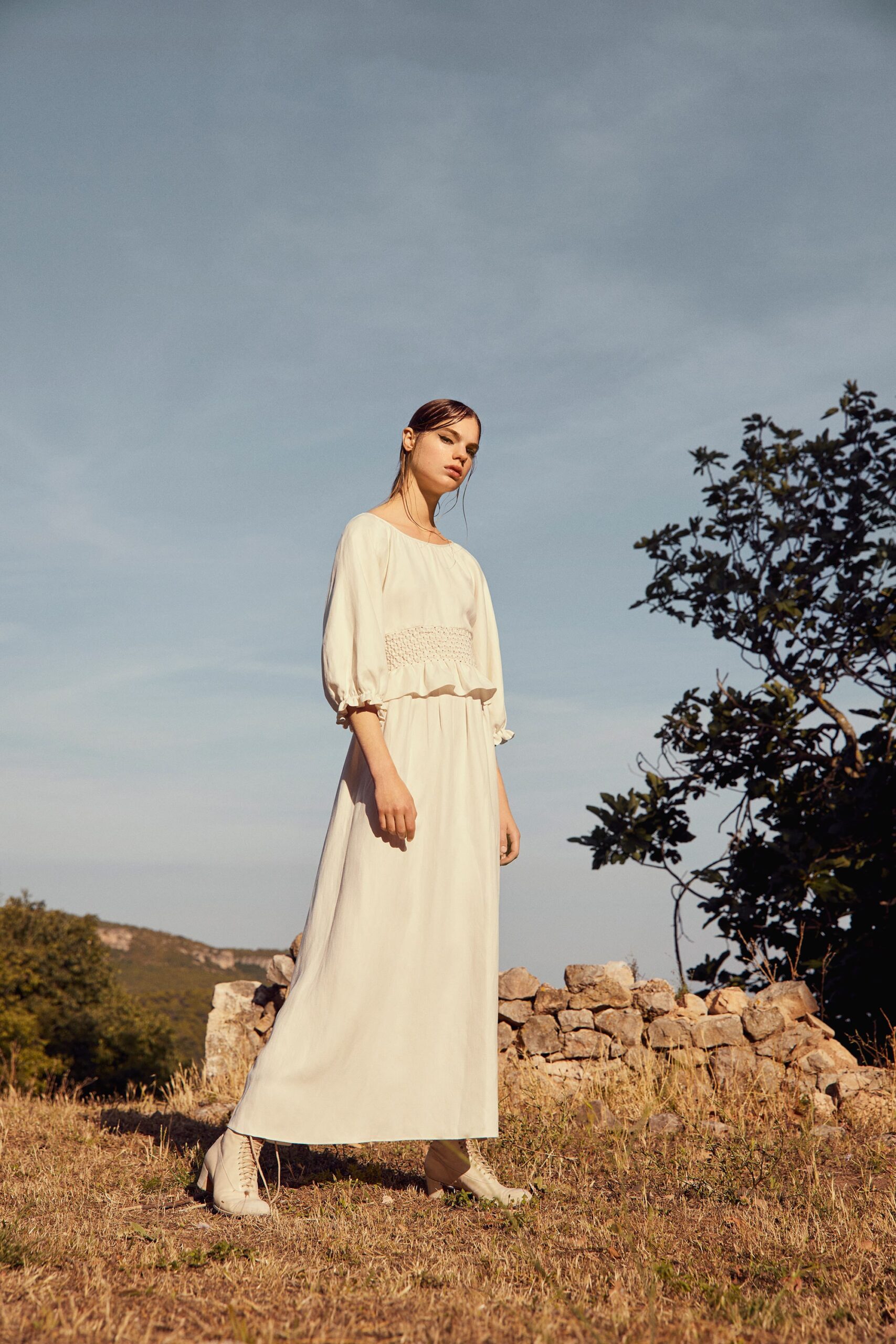 white relaxed long-sleeve maxi dress