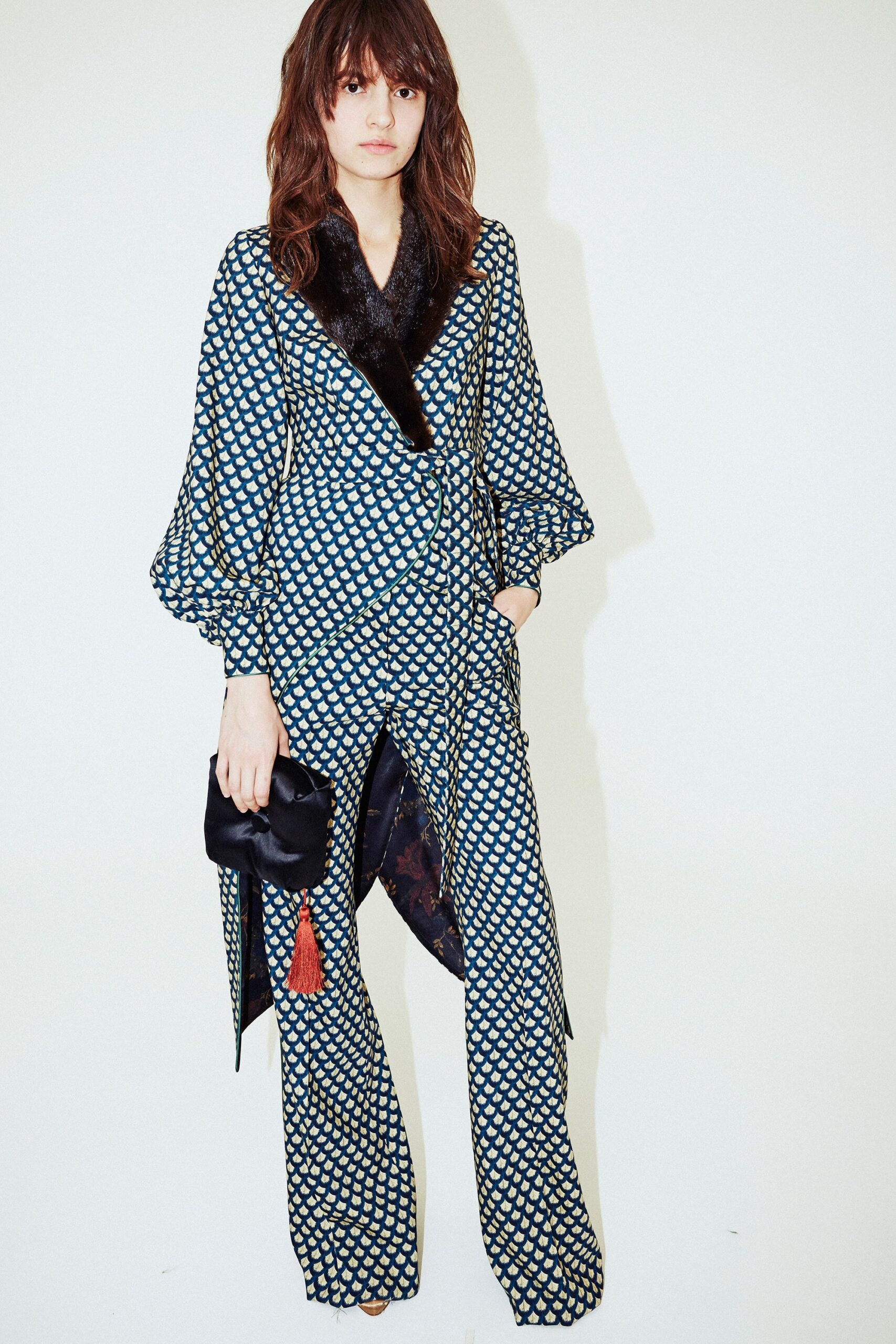 blue printed silk jumpsuit