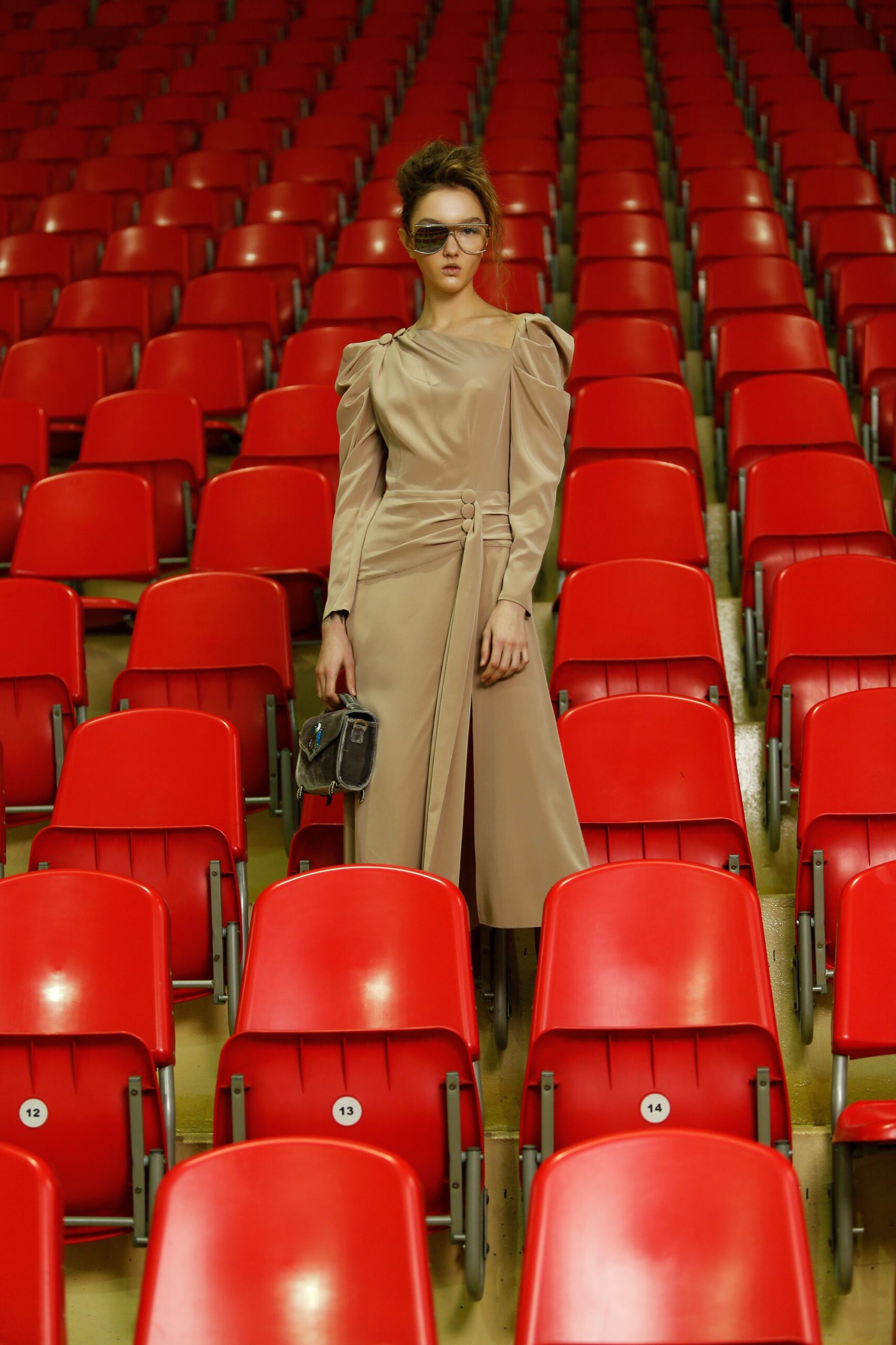 beige silk long-sleeve dress