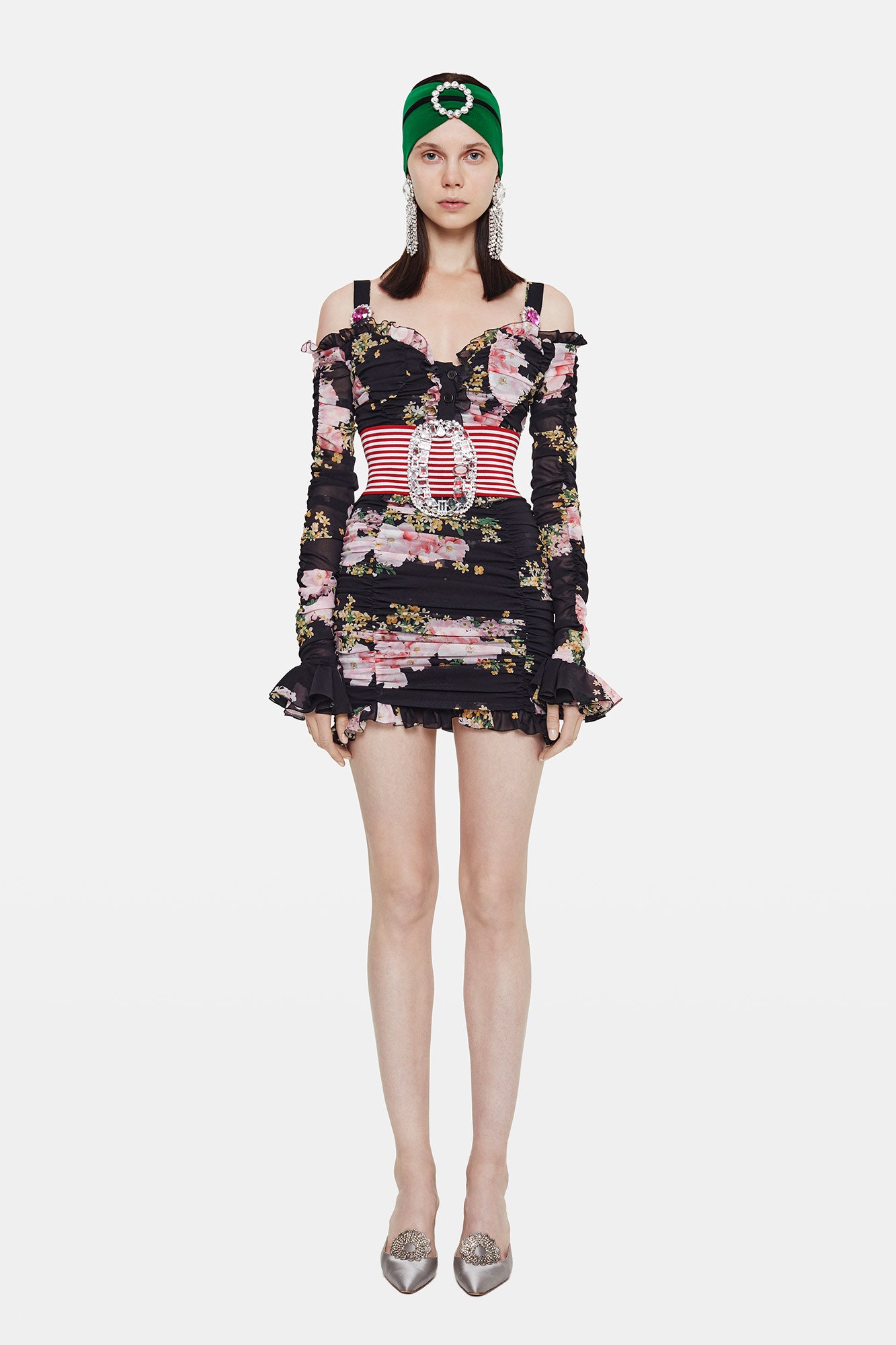 black floral off-shoulder mini dress