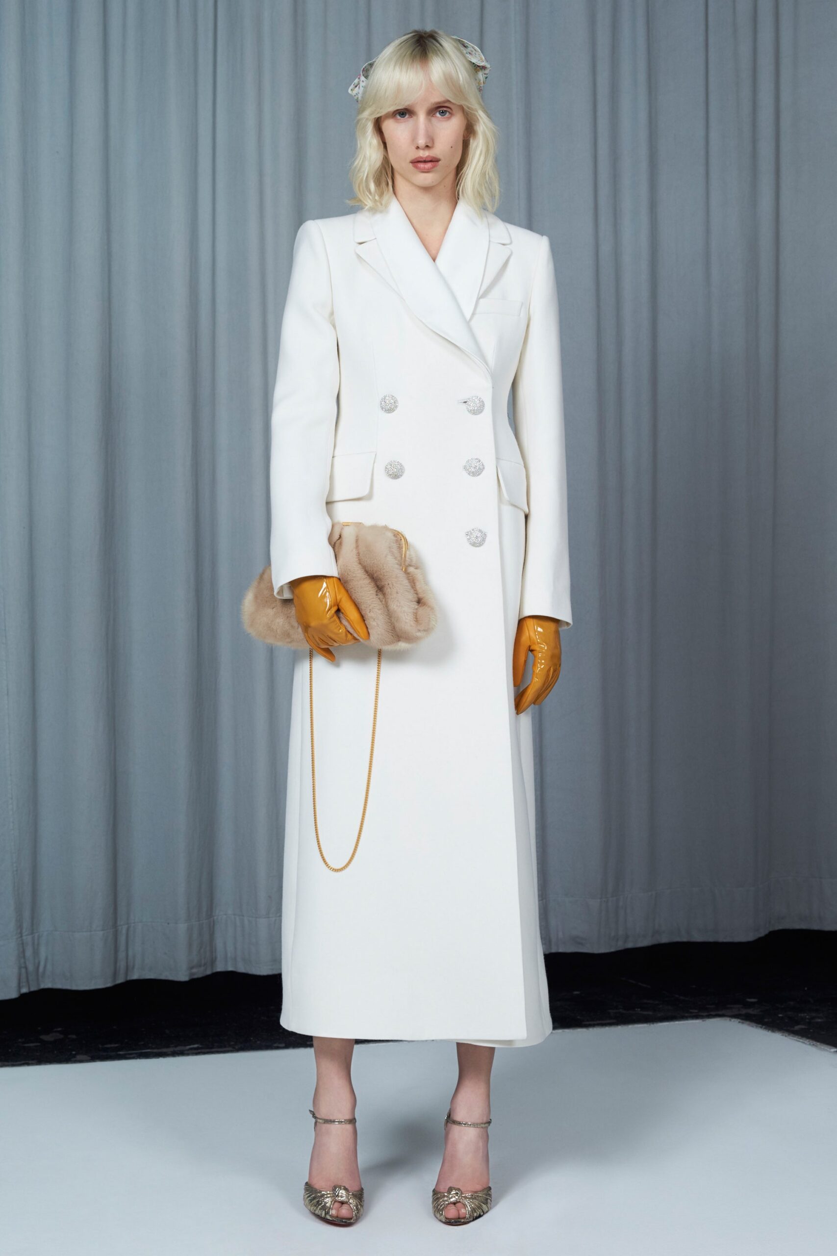 white fitted gown with gloves