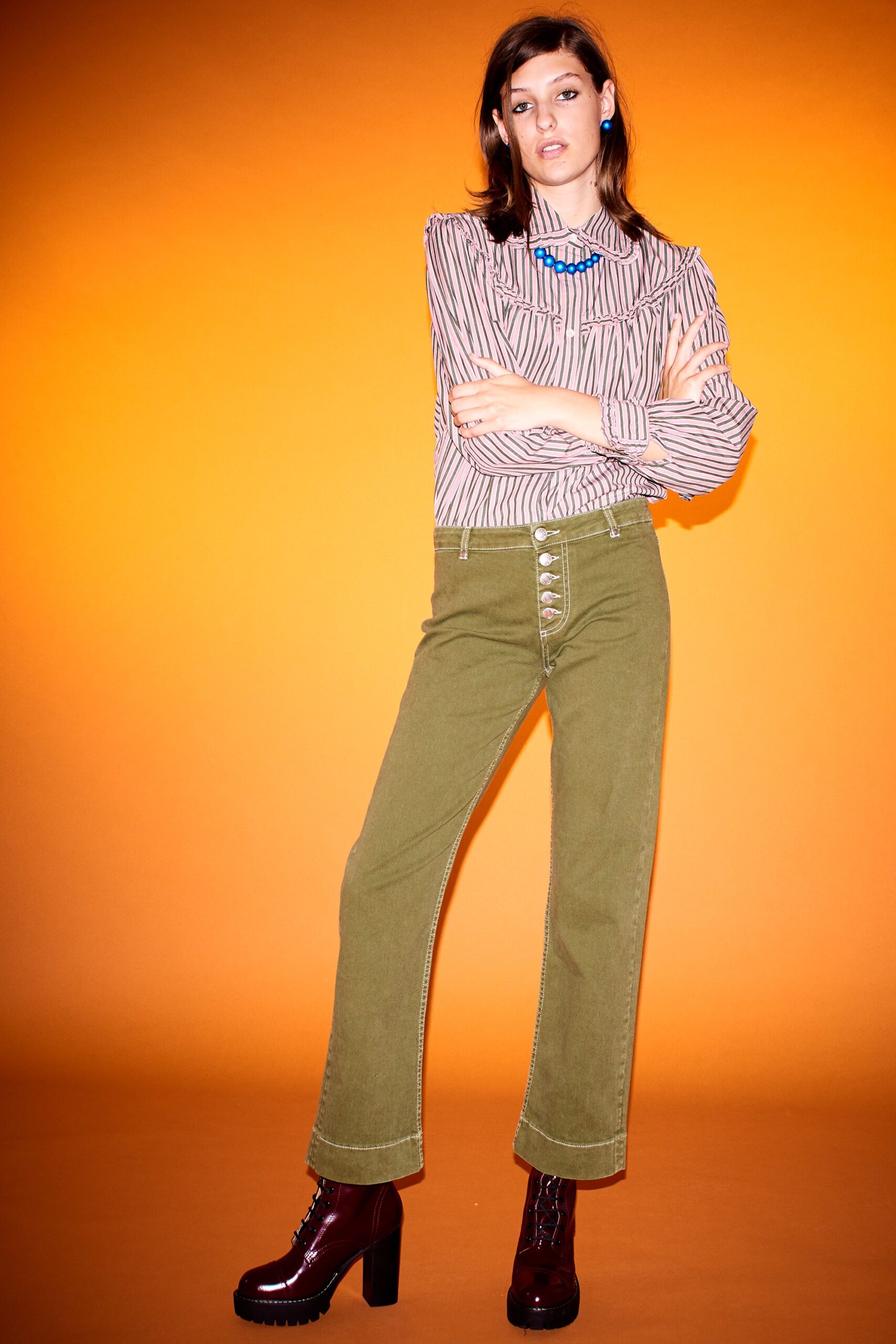 white cotton long-sleeve collared fitted striped blouse