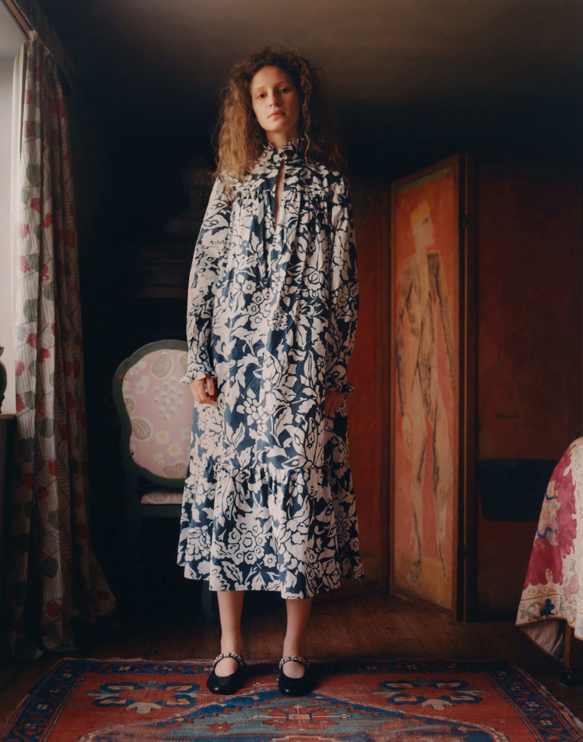 blue and white floral midi dress
