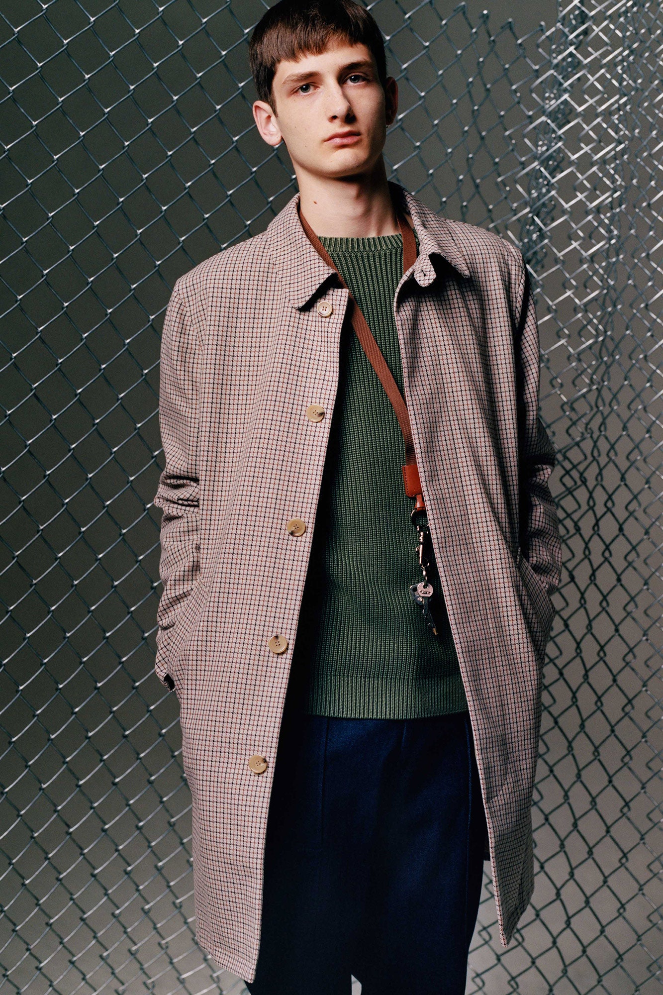 brown checked coat with green sweater