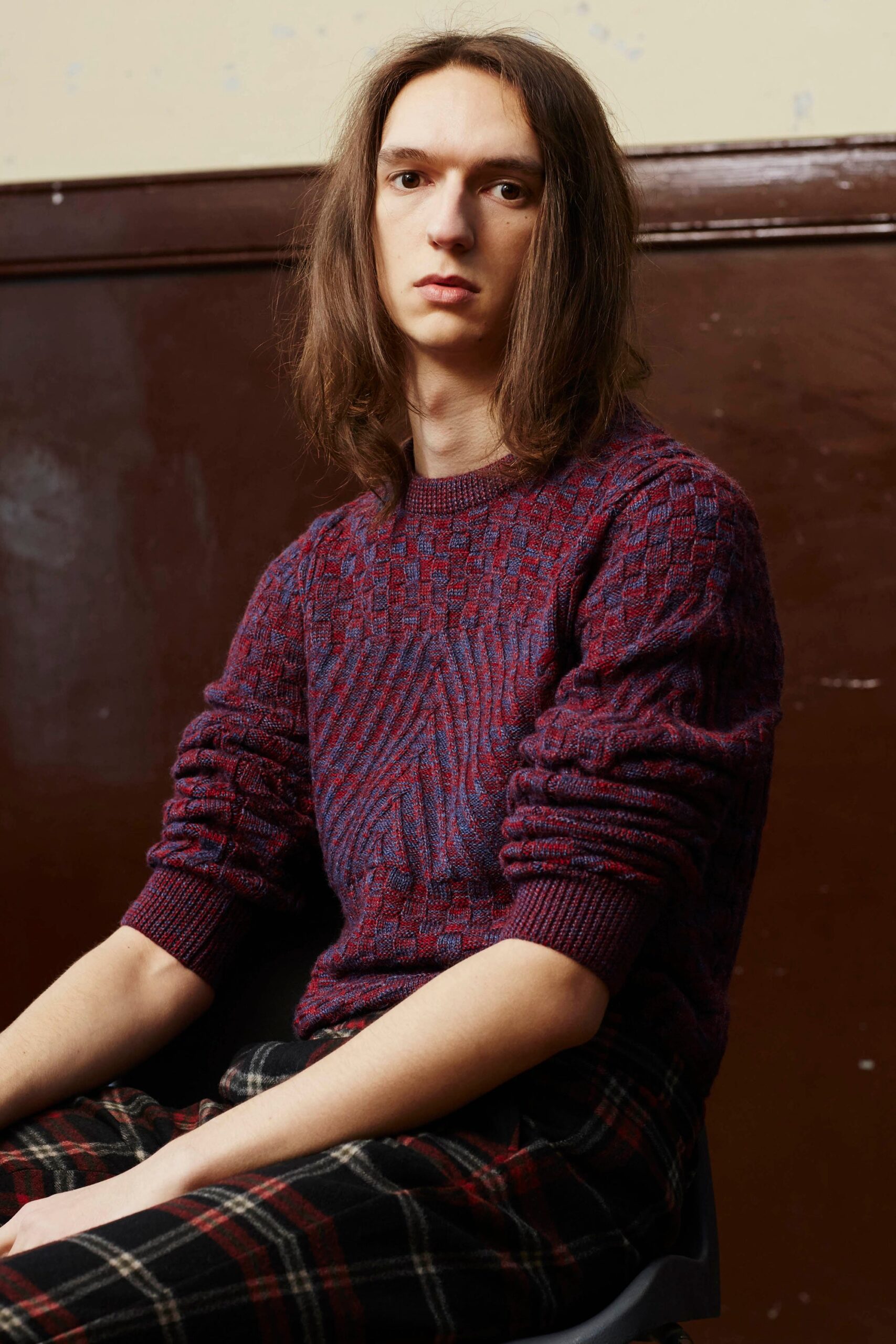 purple wool relaxed sweater with checked pants