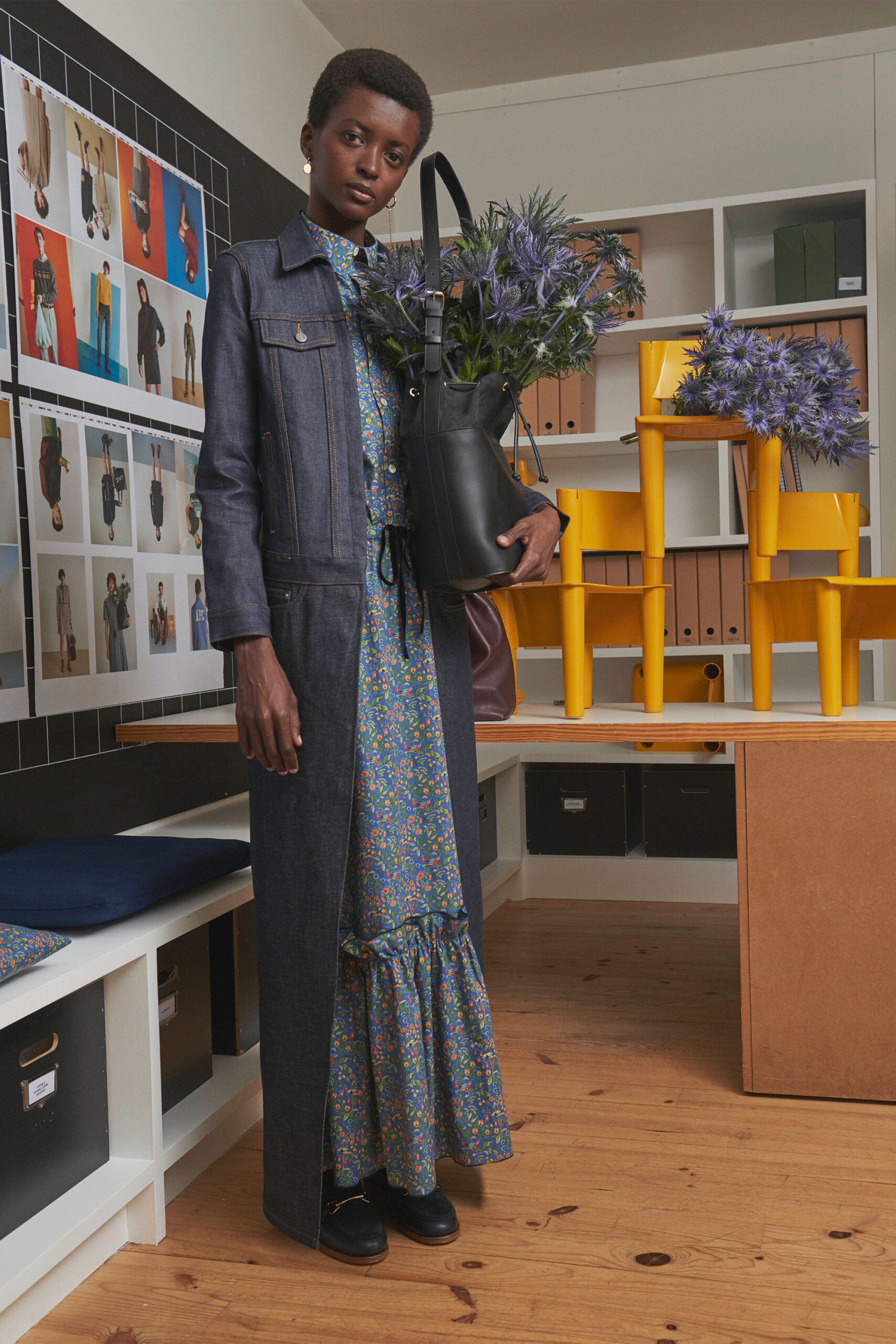 blue denim long-sleeve collared relaxed buttoned maxi coat