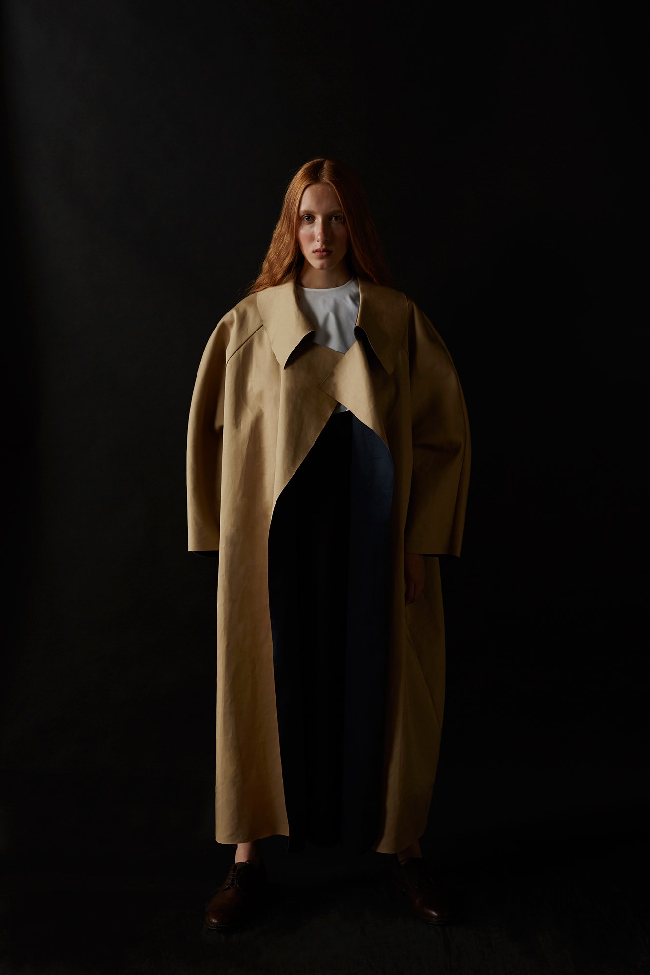 beige cotton long-sleeve collared oversized draped coat