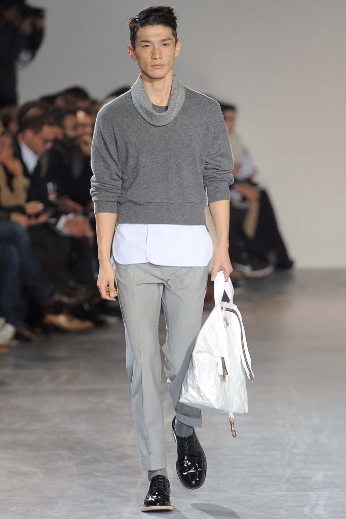 gray wool sweater with tailored pants