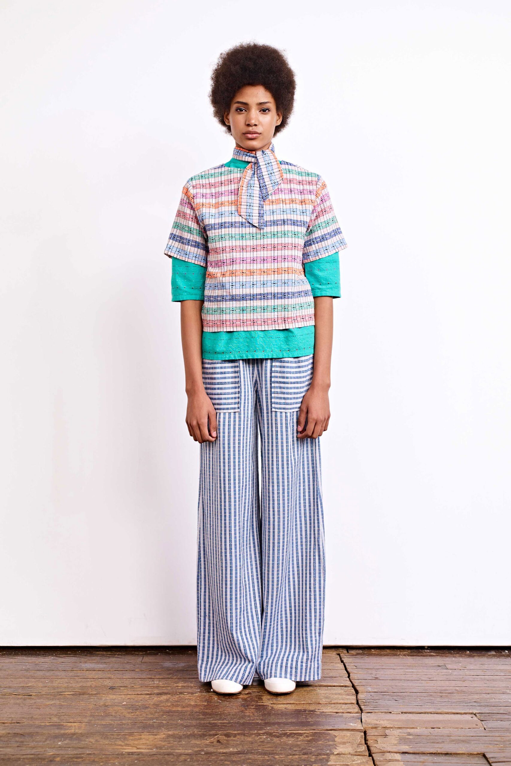 multi-colored relaxed top with wide-leg pants