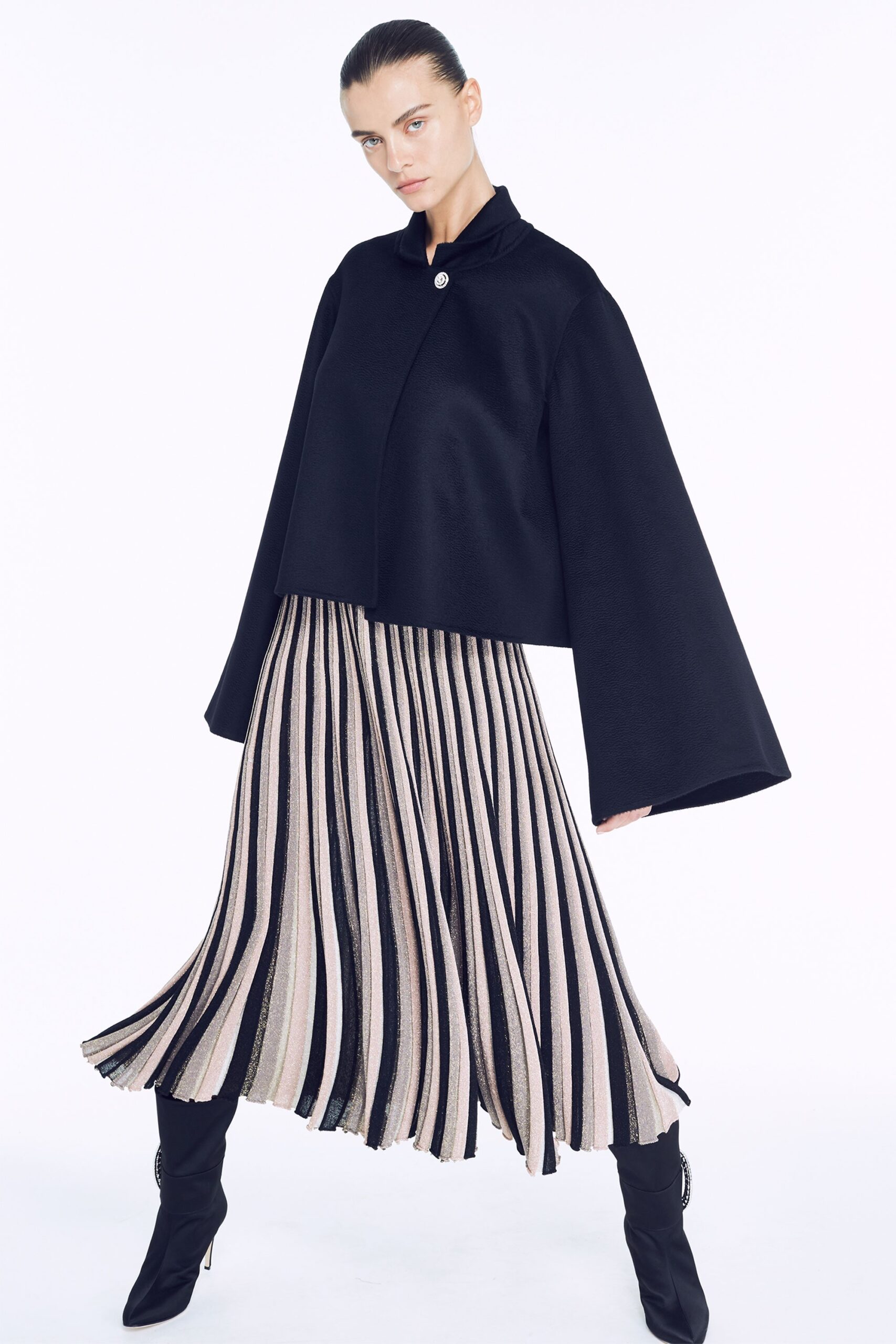 pink silk fitted pleated midi skirt