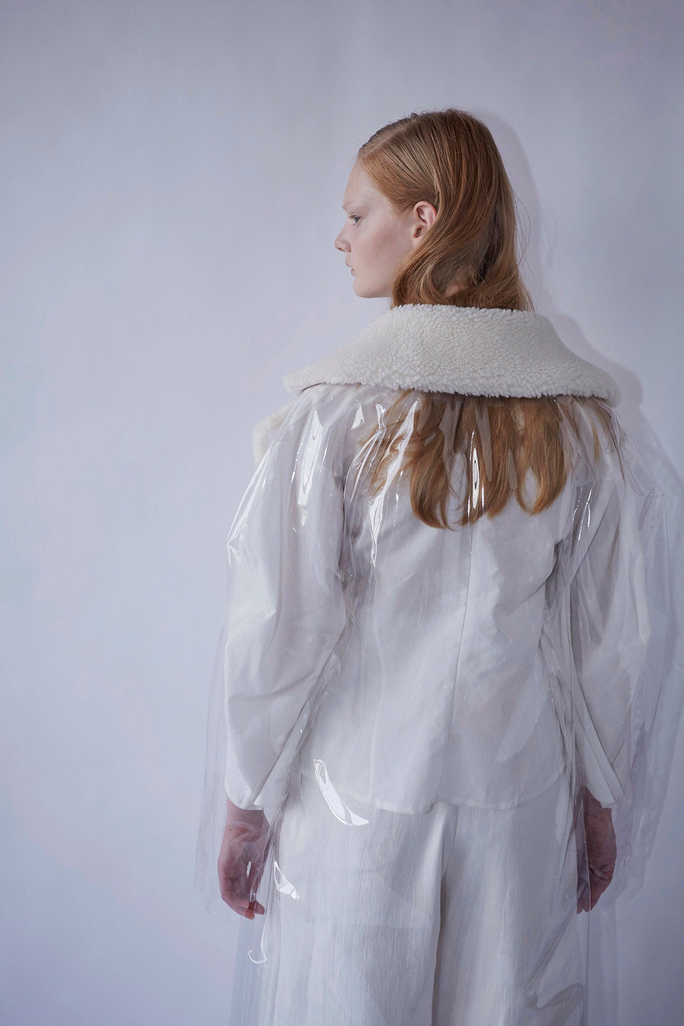 white vinyl long-sleeve collared relaxed layered sheer coat