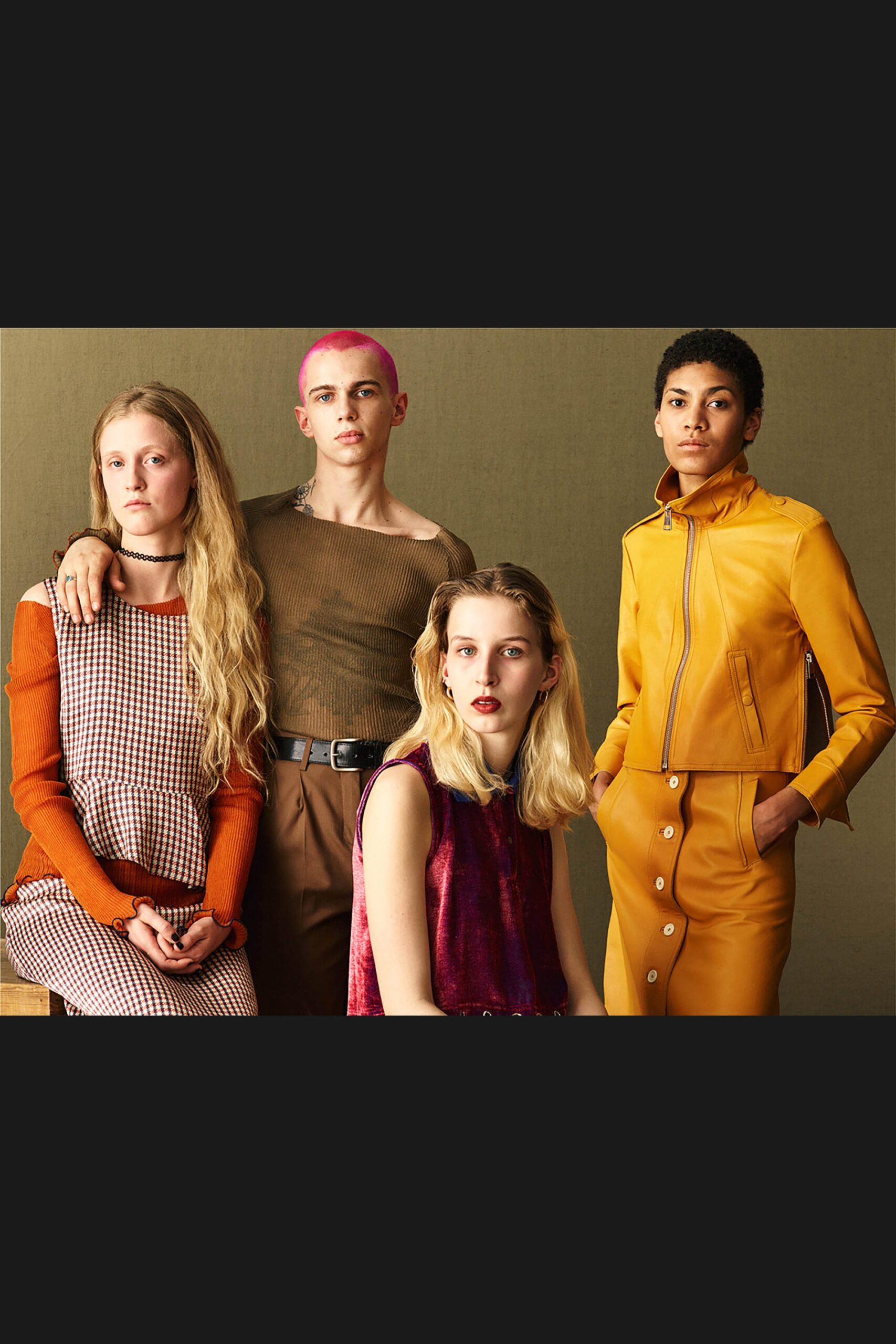 red velvet mini dress, brown fitted top, yellow leather jacket, beige tailored pants