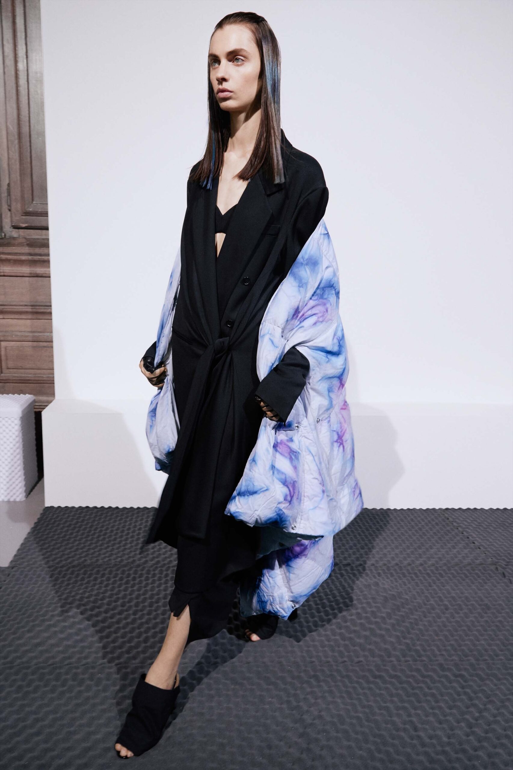 black silk long-sleeve collared relaxed draped flowing coat