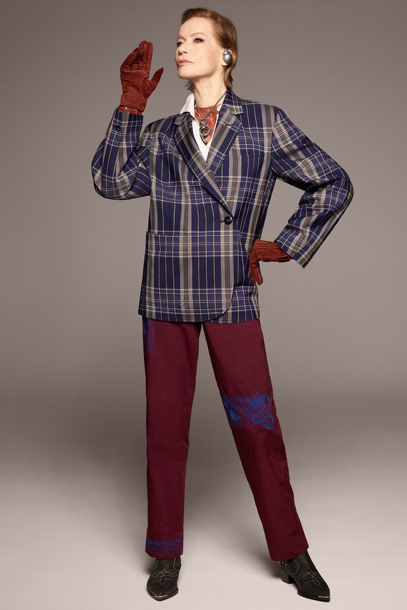oversized checked blazer with relaxed pants