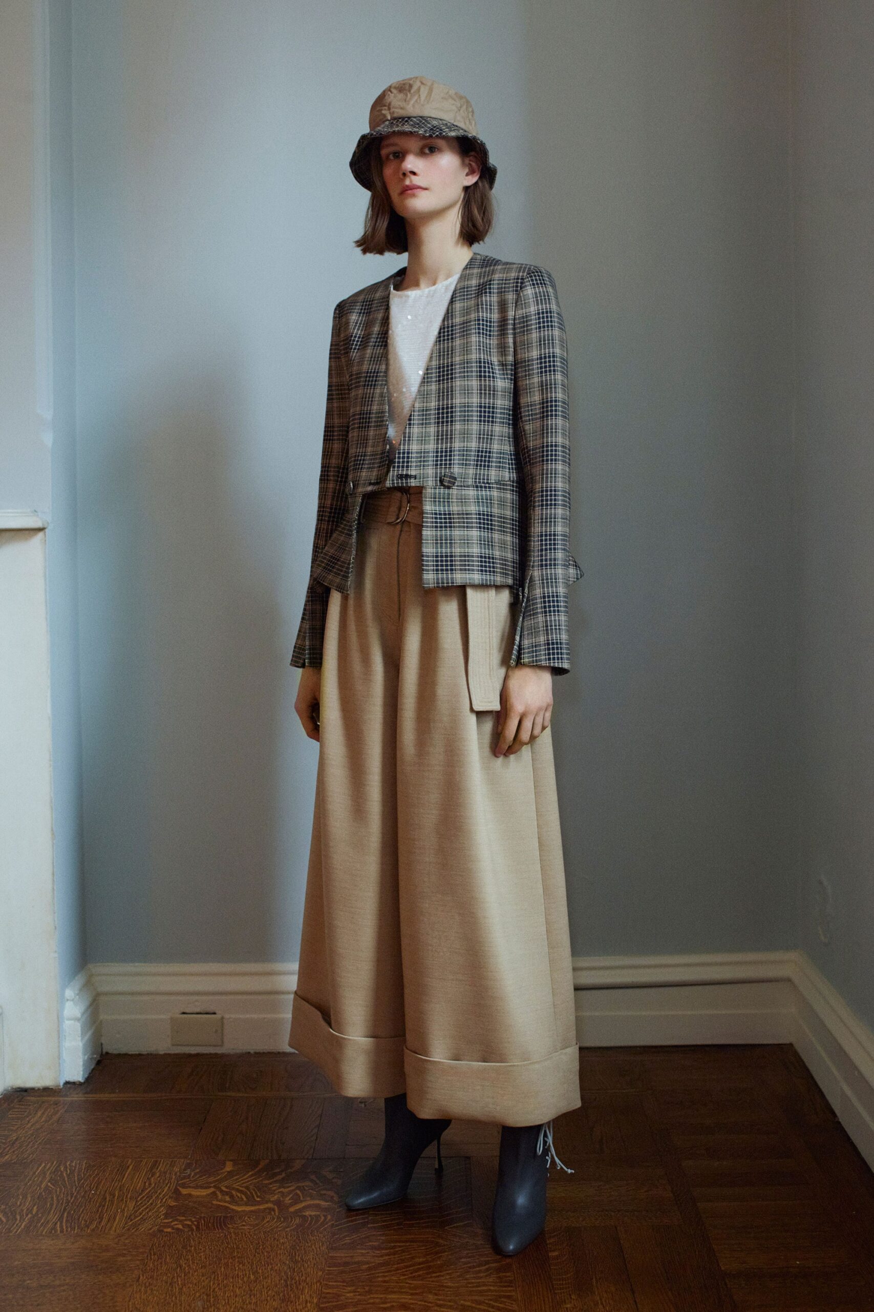brown checked blazer with wide-leg pants