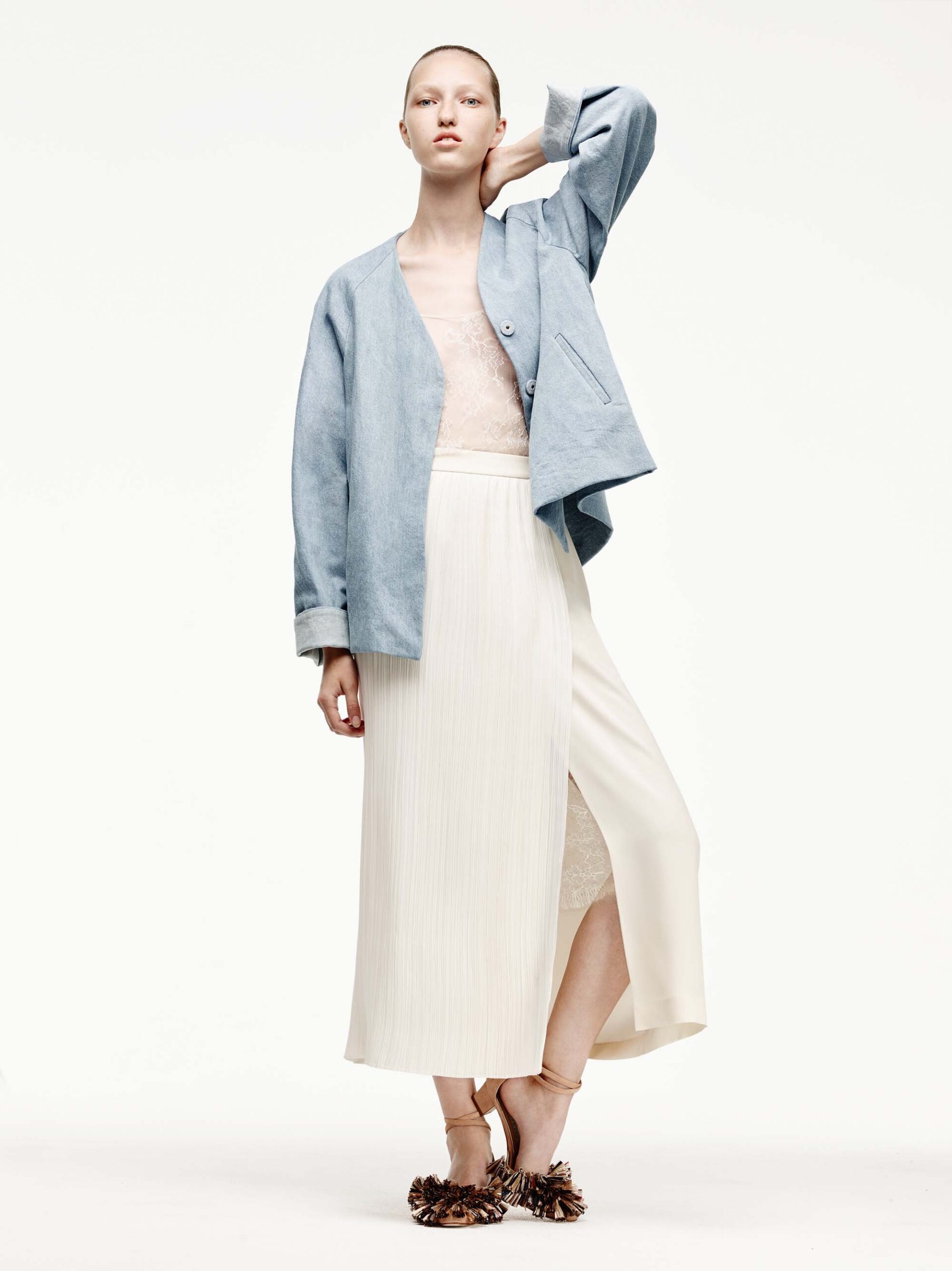 white silk slit fitted high-waisted pleated midi skirt