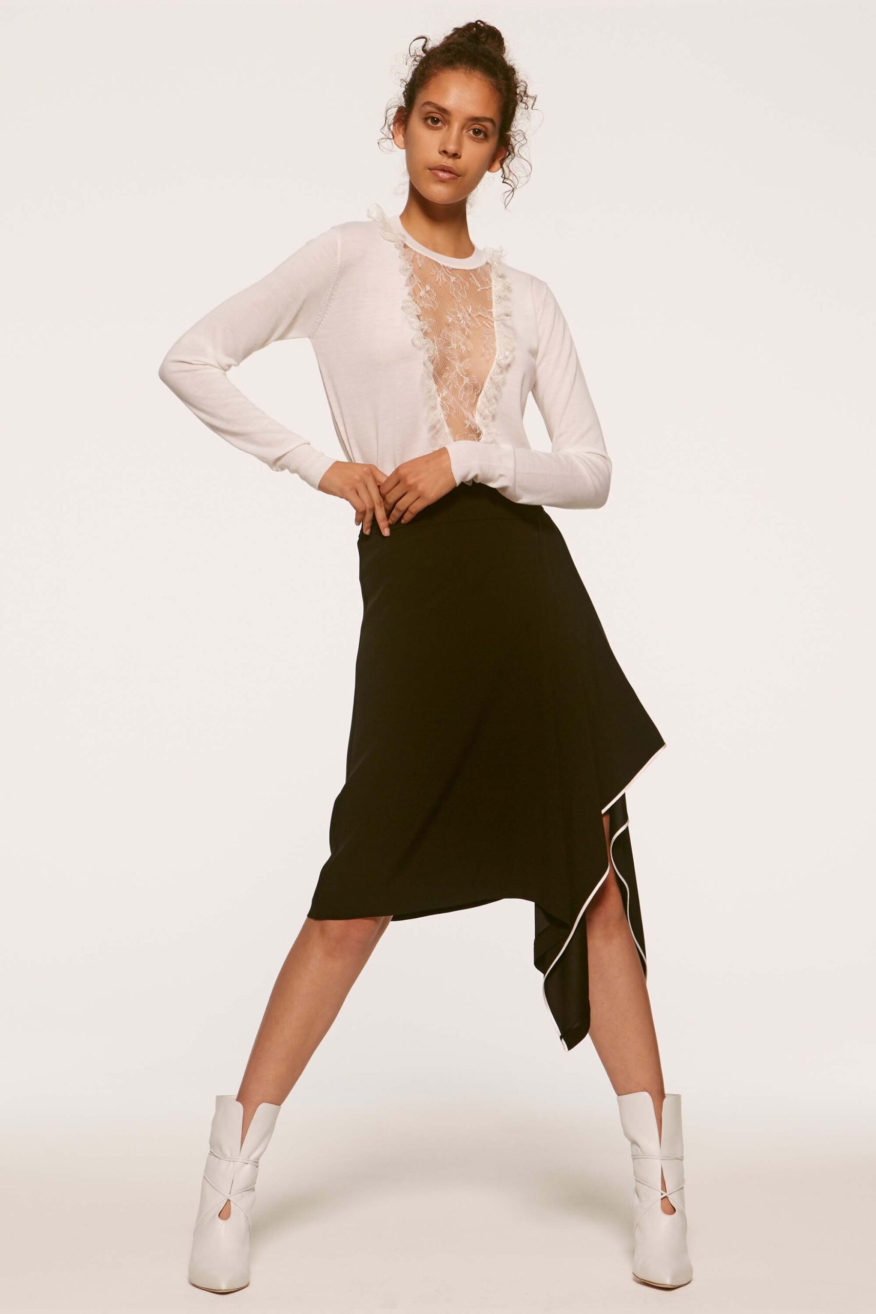 black silk asymmetric fitted draped skirt