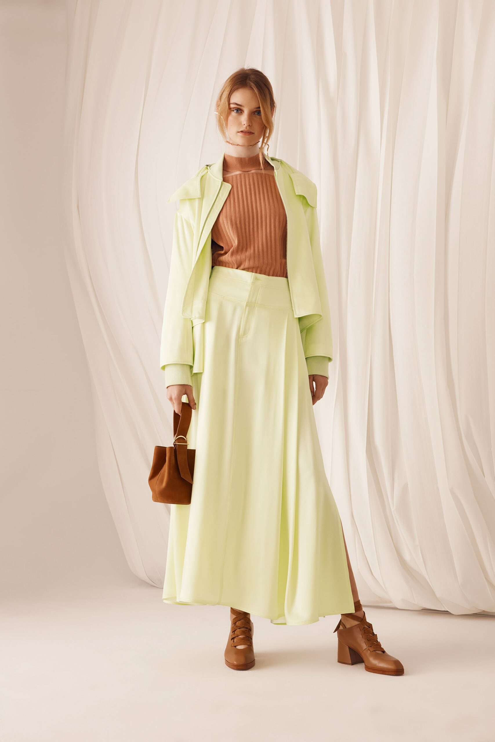 brown knit long-sleeve high-neck fitted top