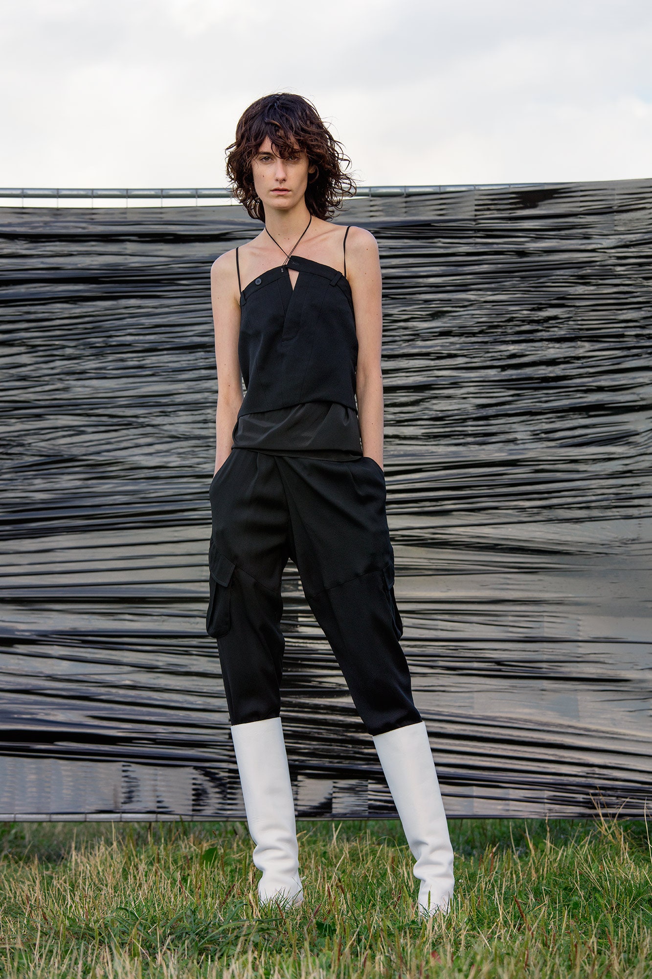 black cotton sleeveless v-neck fitted pockets cargo jumpsuit