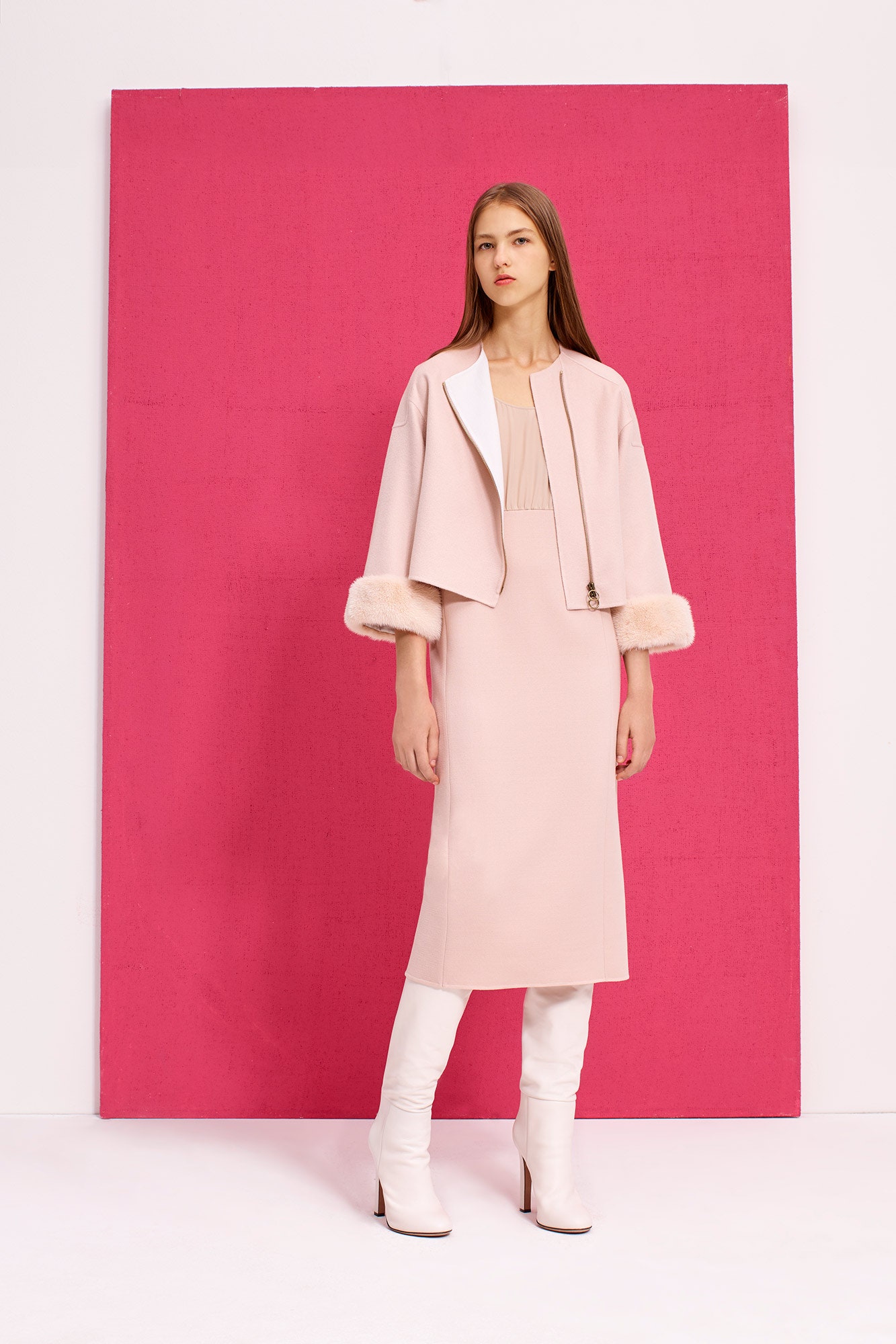beige wool long-sleeve collared relaxed zippered jacket