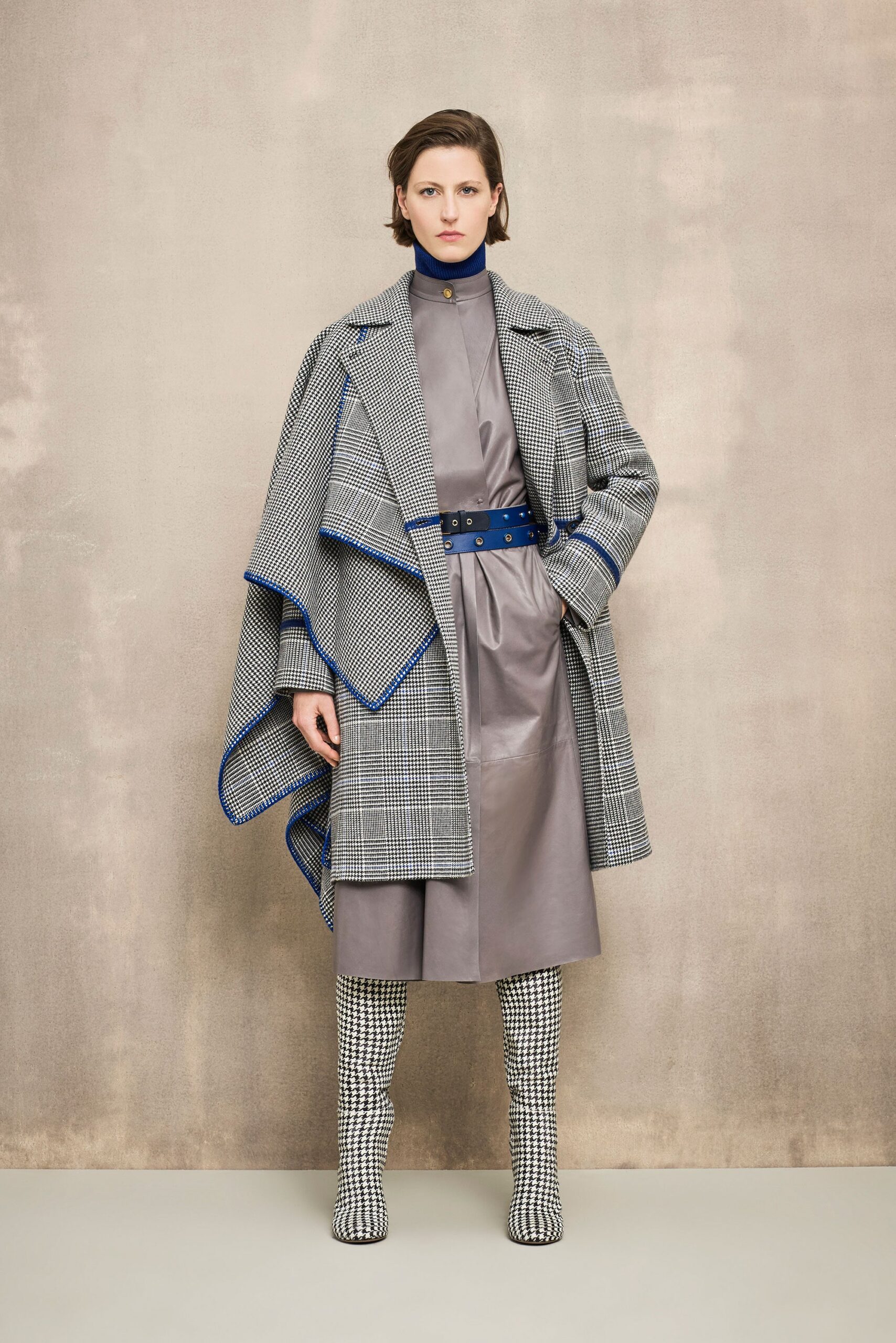 gray wool coat and midi dress