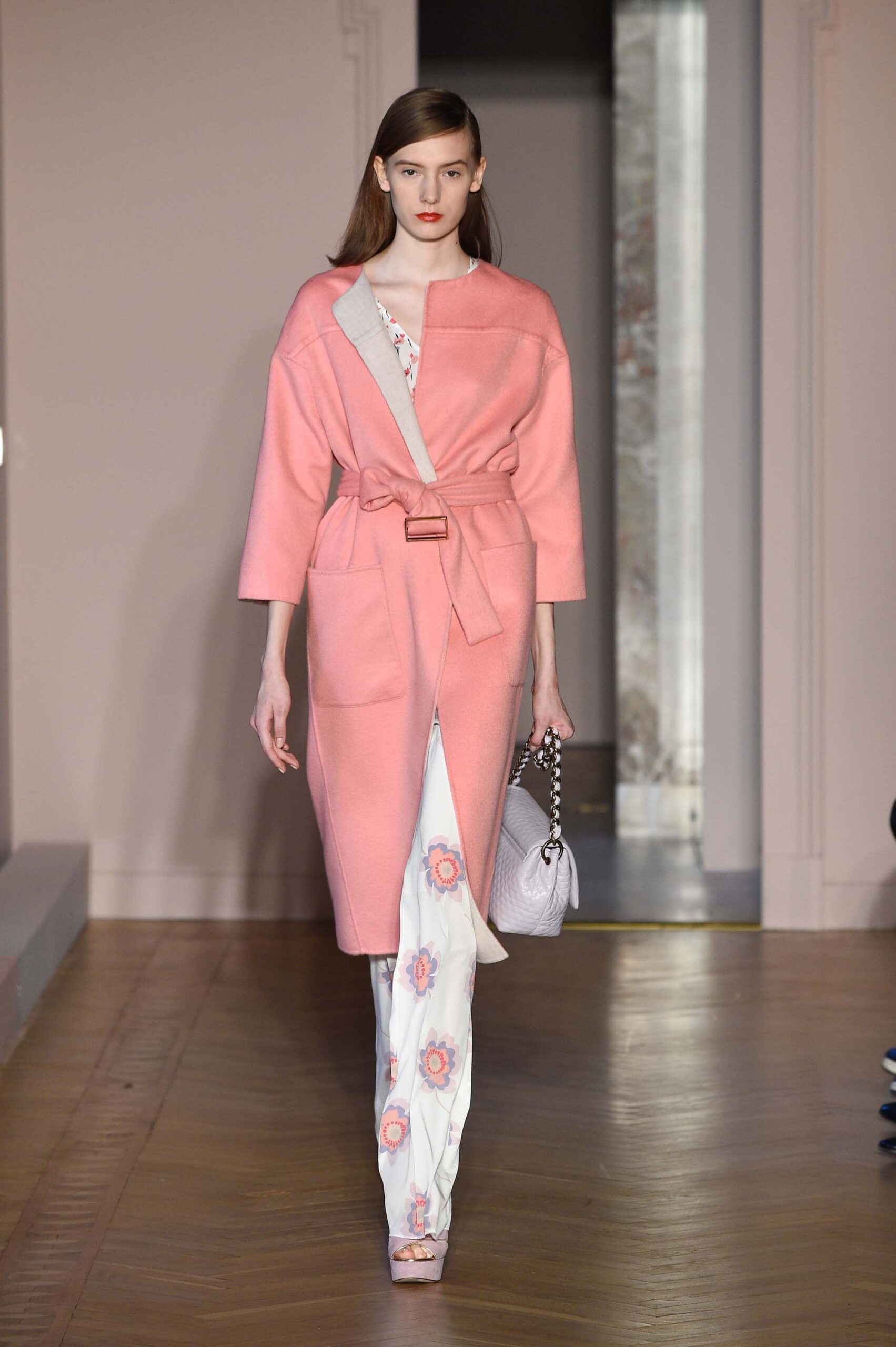 pink wool long-sleeve collared relaxed belted draped coat