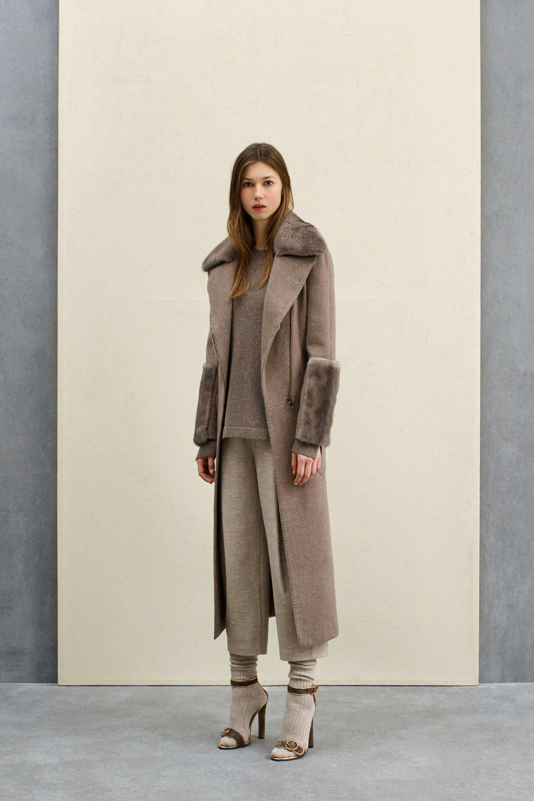 beige wool long-sleeve collared fitted belted maxi coat