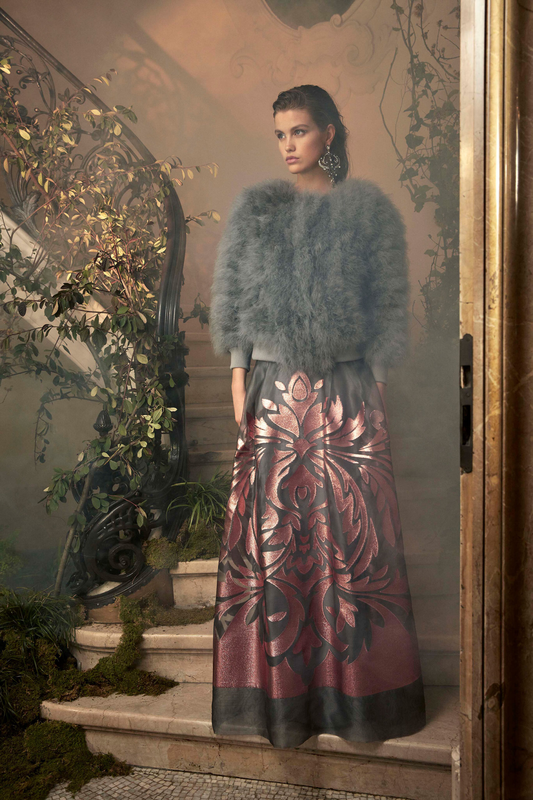 gray fur top with printed skirt