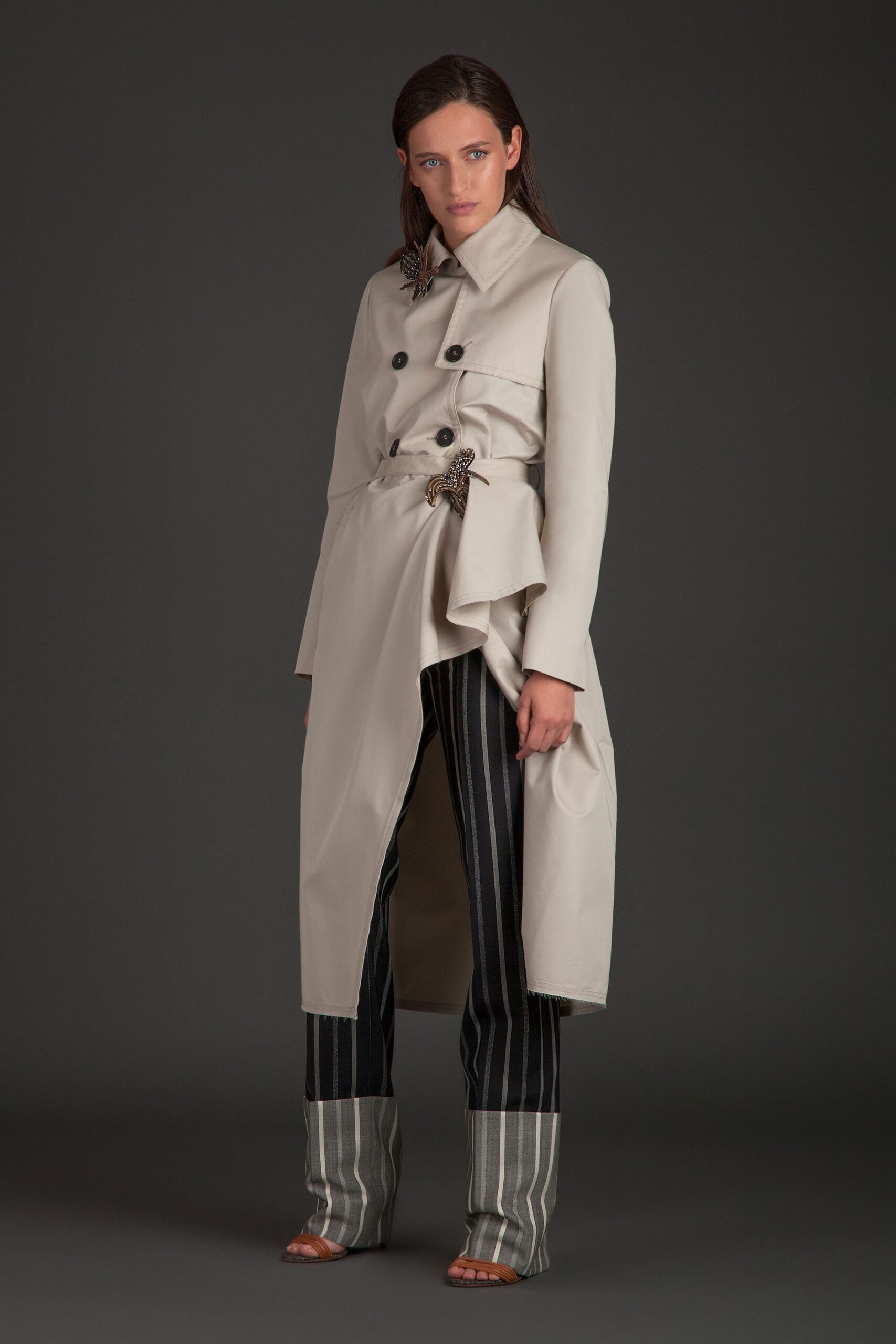 beige cotton long-sleeve collared tailored belted draped trench