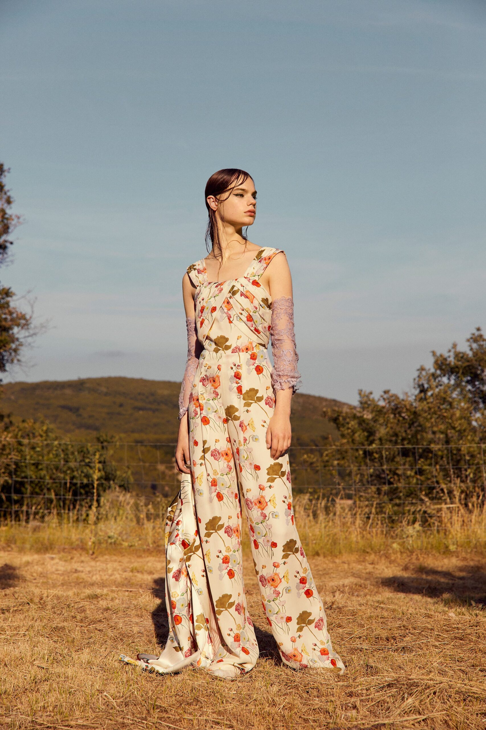cream floral fitted jumpsuit with lavender lace sleeves