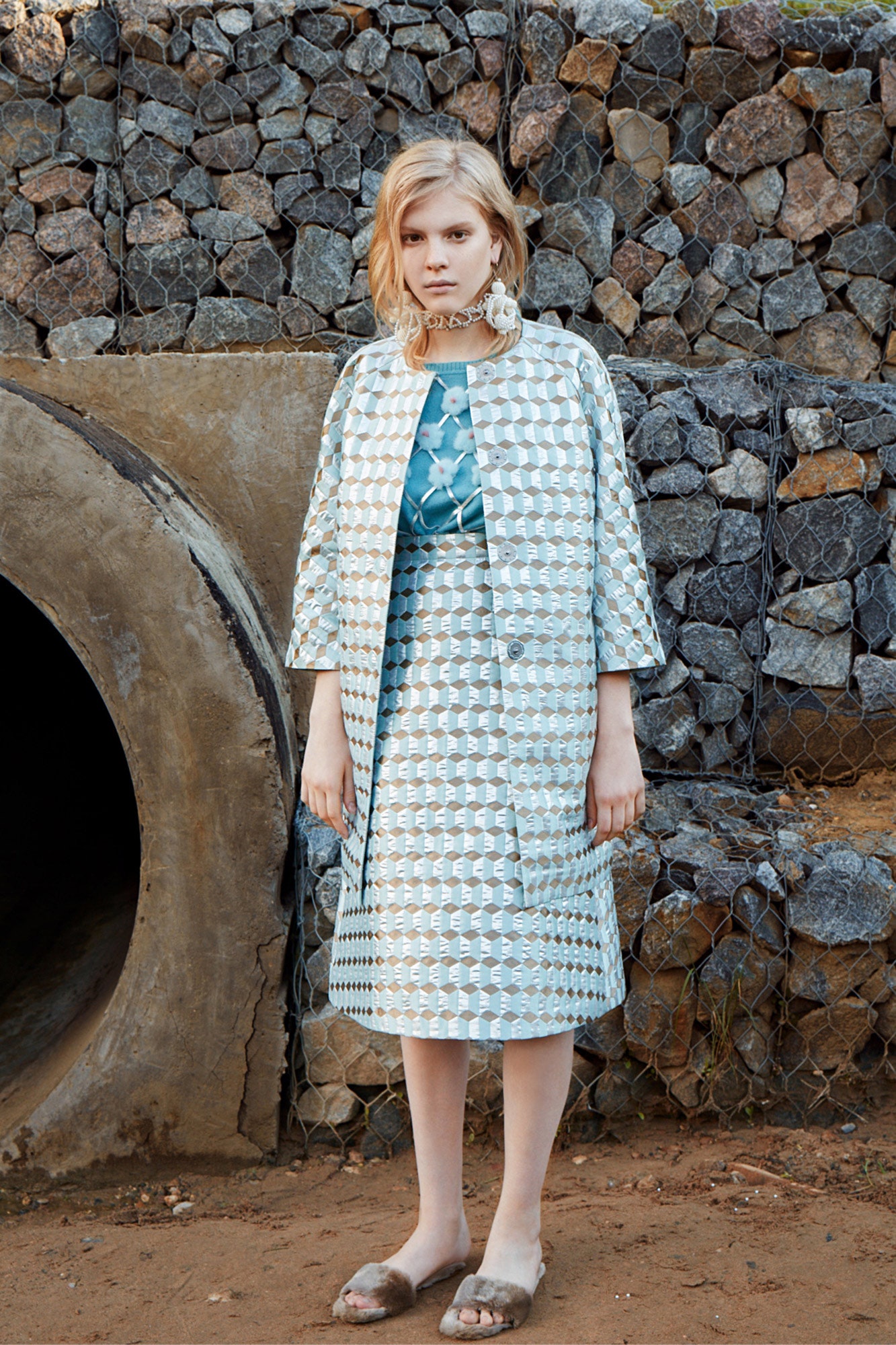 blue cotton long-sleeve collared relaxed buttoned layered coat