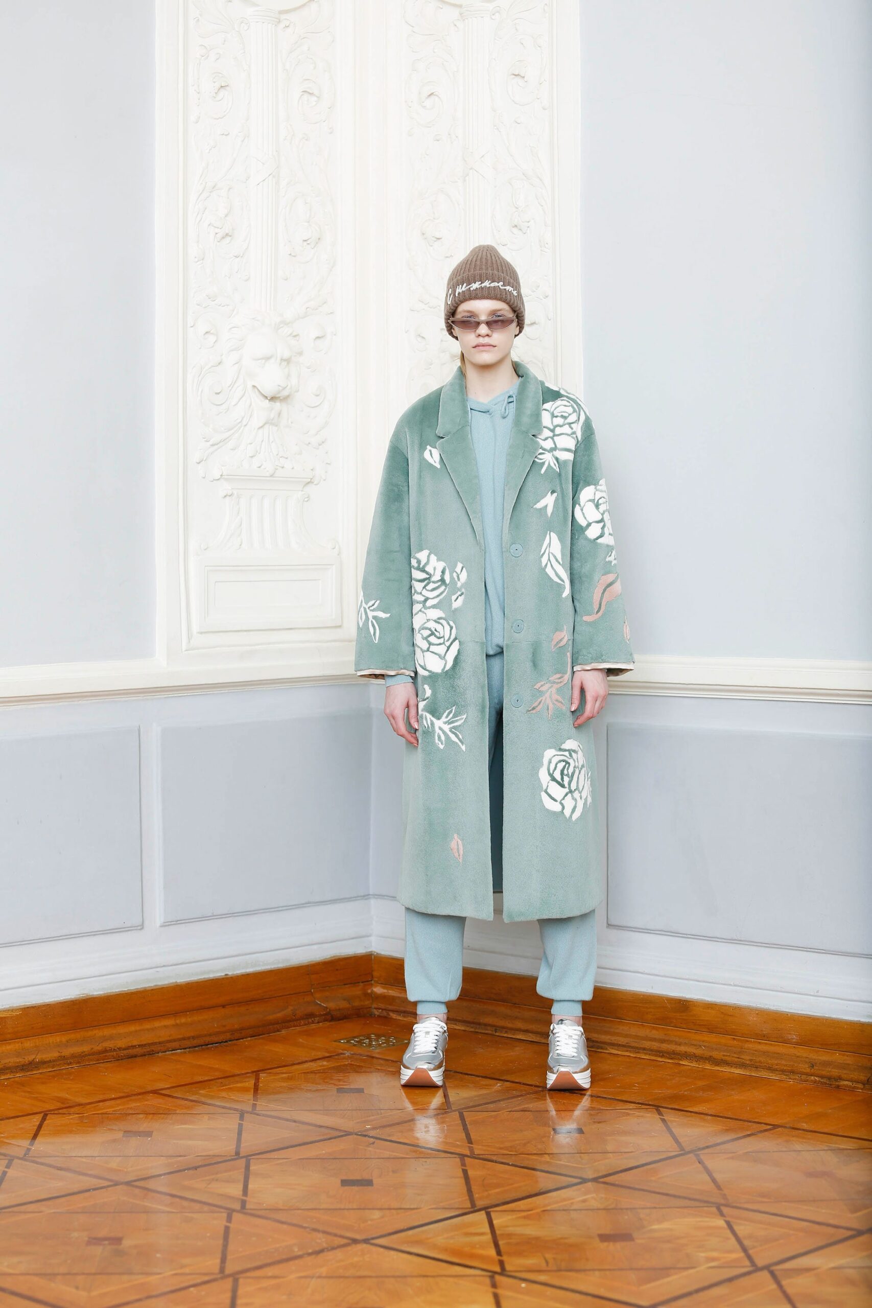 green wool coat with embroidery