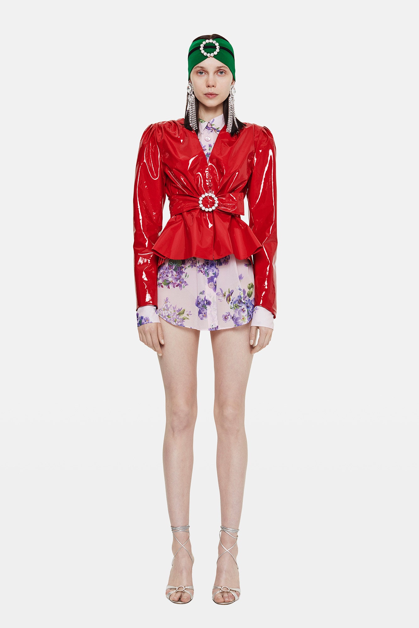 red vinyl long-sleeve collared fitted flared zippered jacket