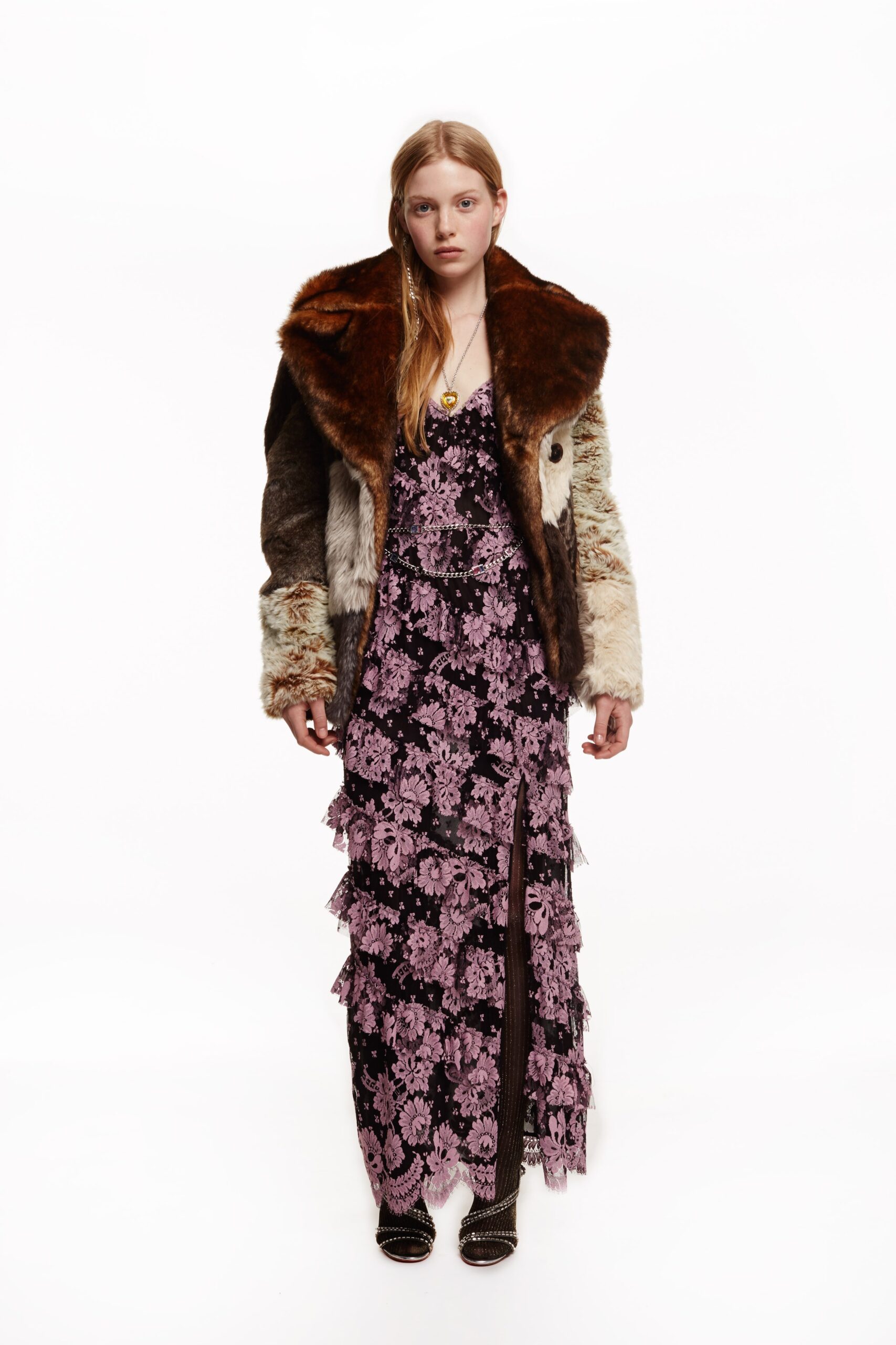 purple embroidered maxi dress with fur coat