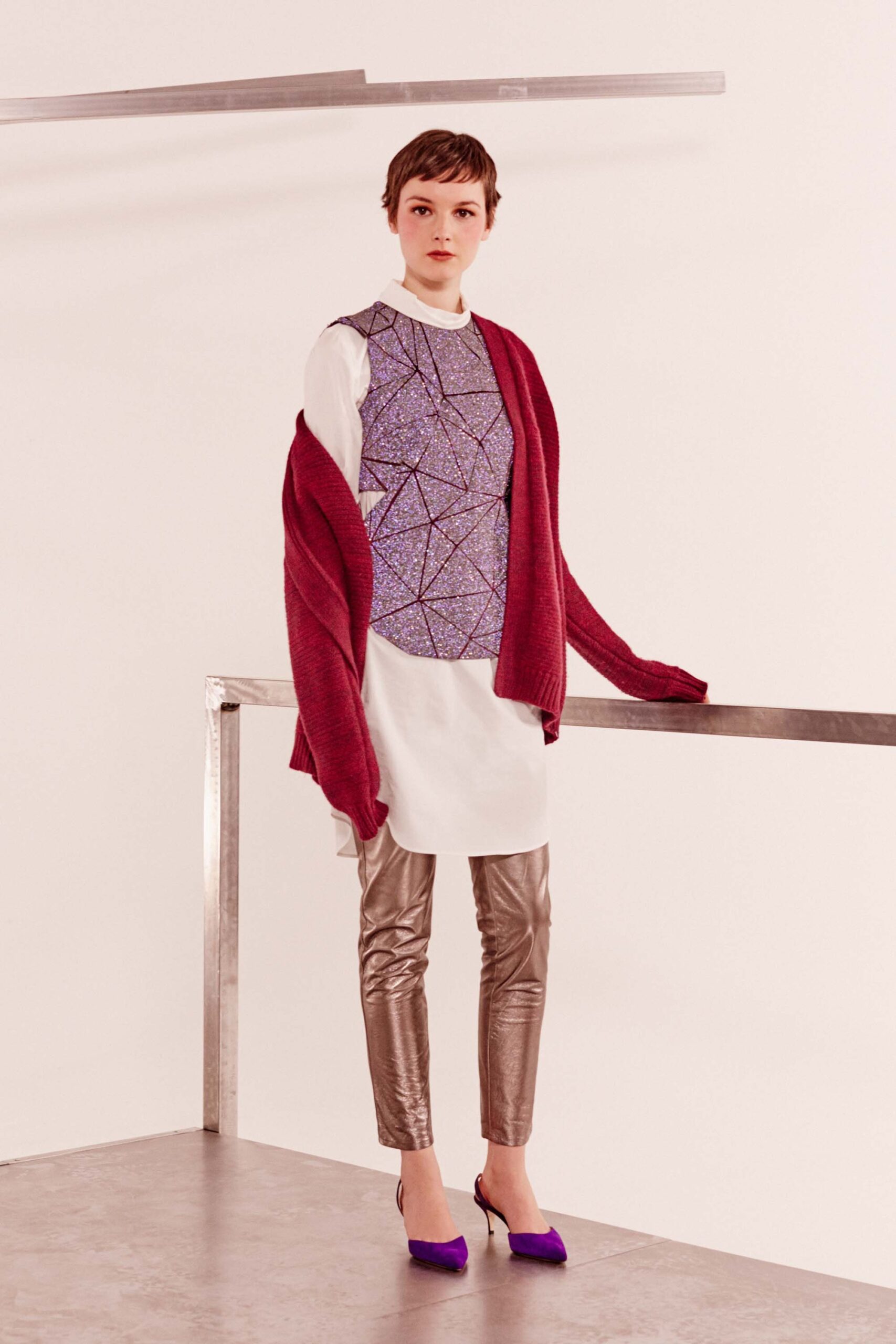 white relaxed top with red cardigan