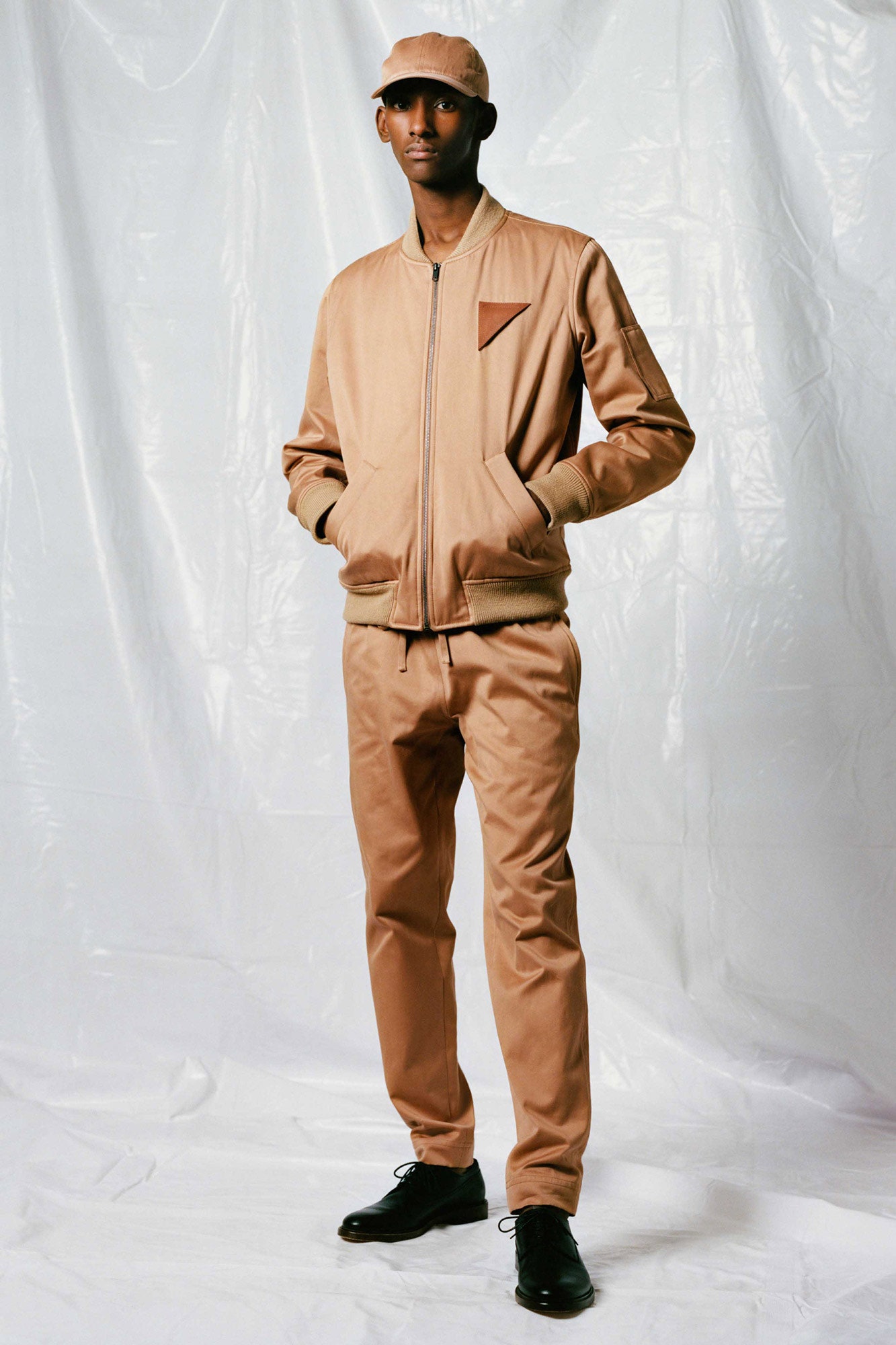 beige fitted jacket and pants