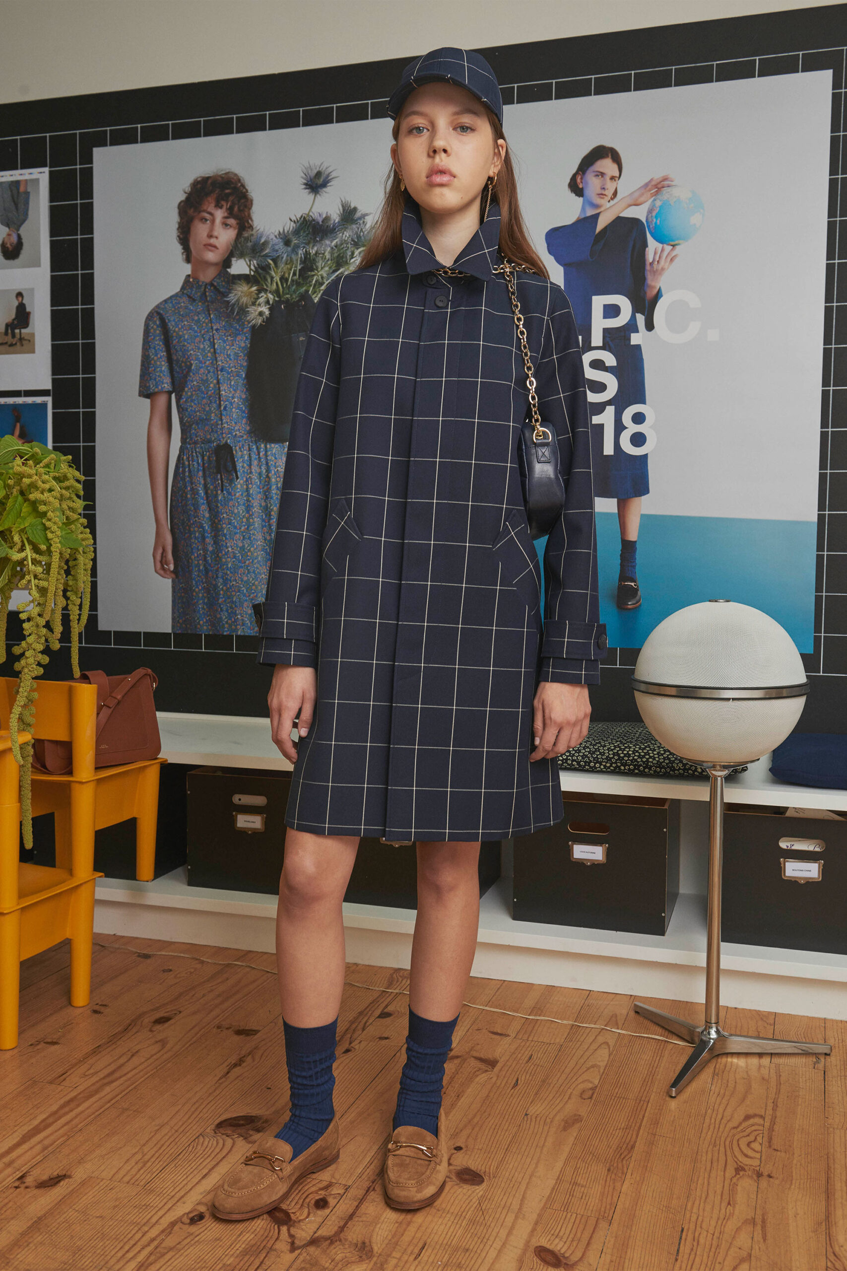 blue checked coat with hat