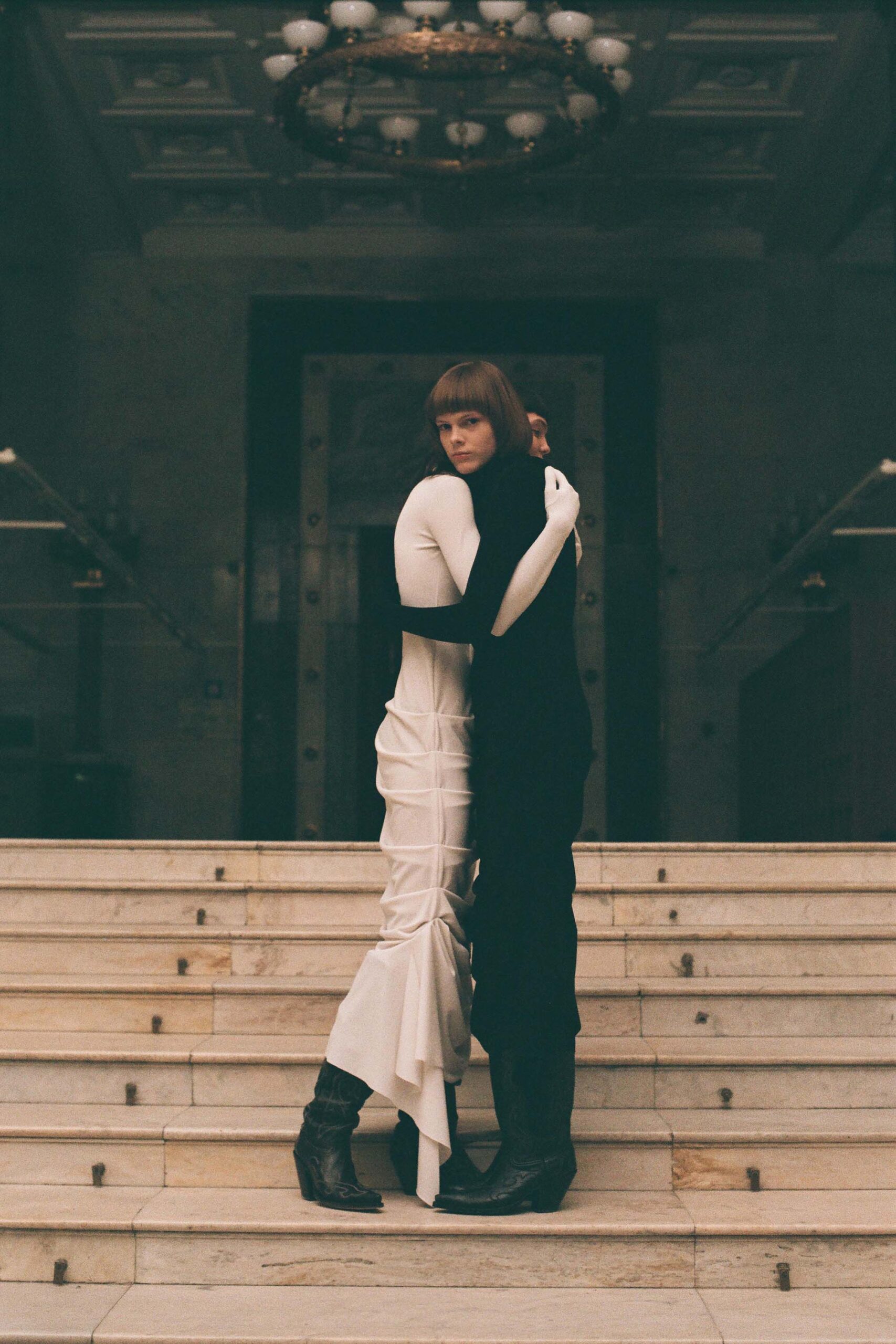 white and black draped midi dress