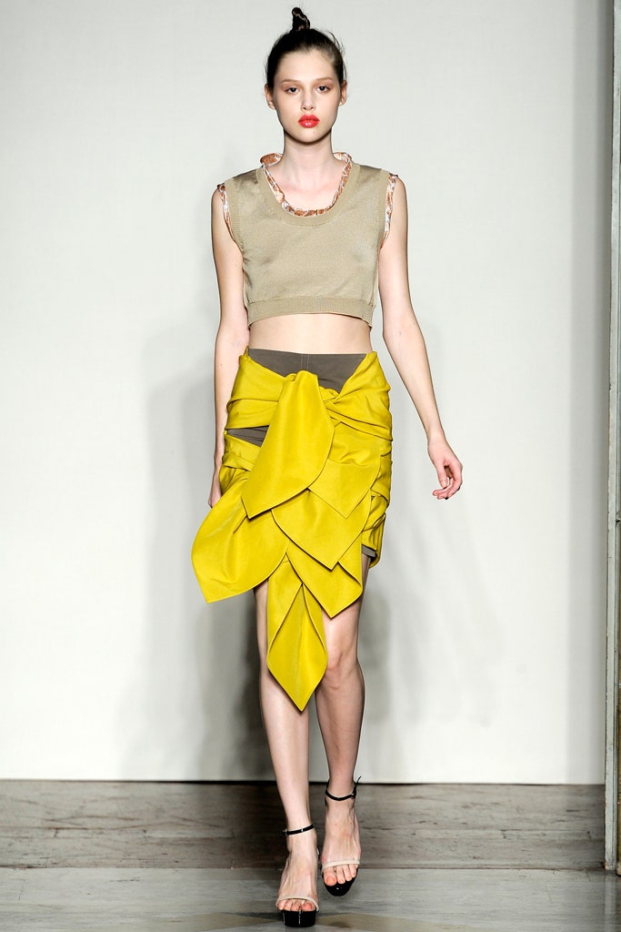 yellow silk asymmetric fitted pleated skirt