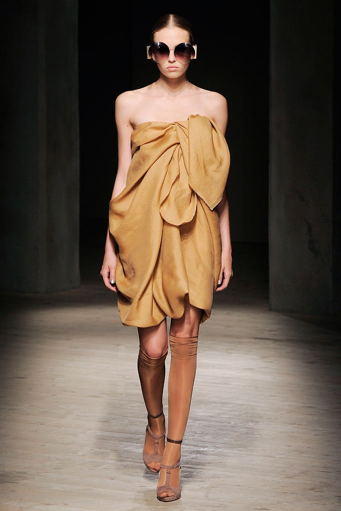 brown silk strapless fitted draped mini dress