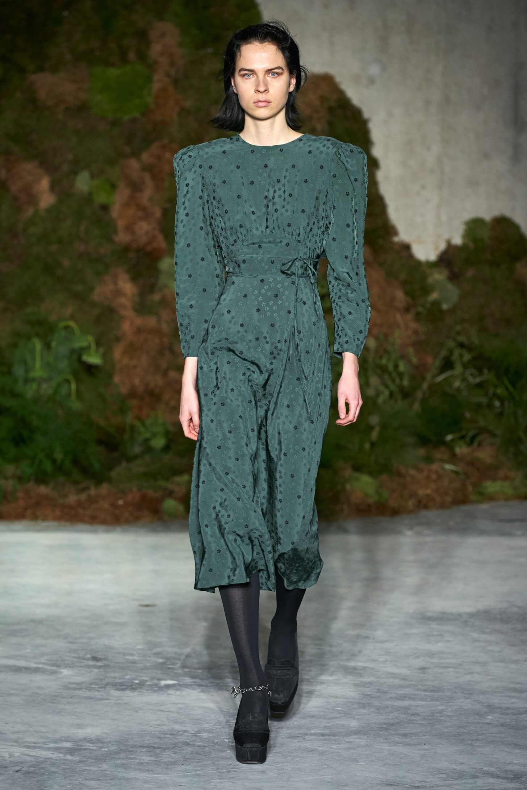 green silk long-sleeve dress