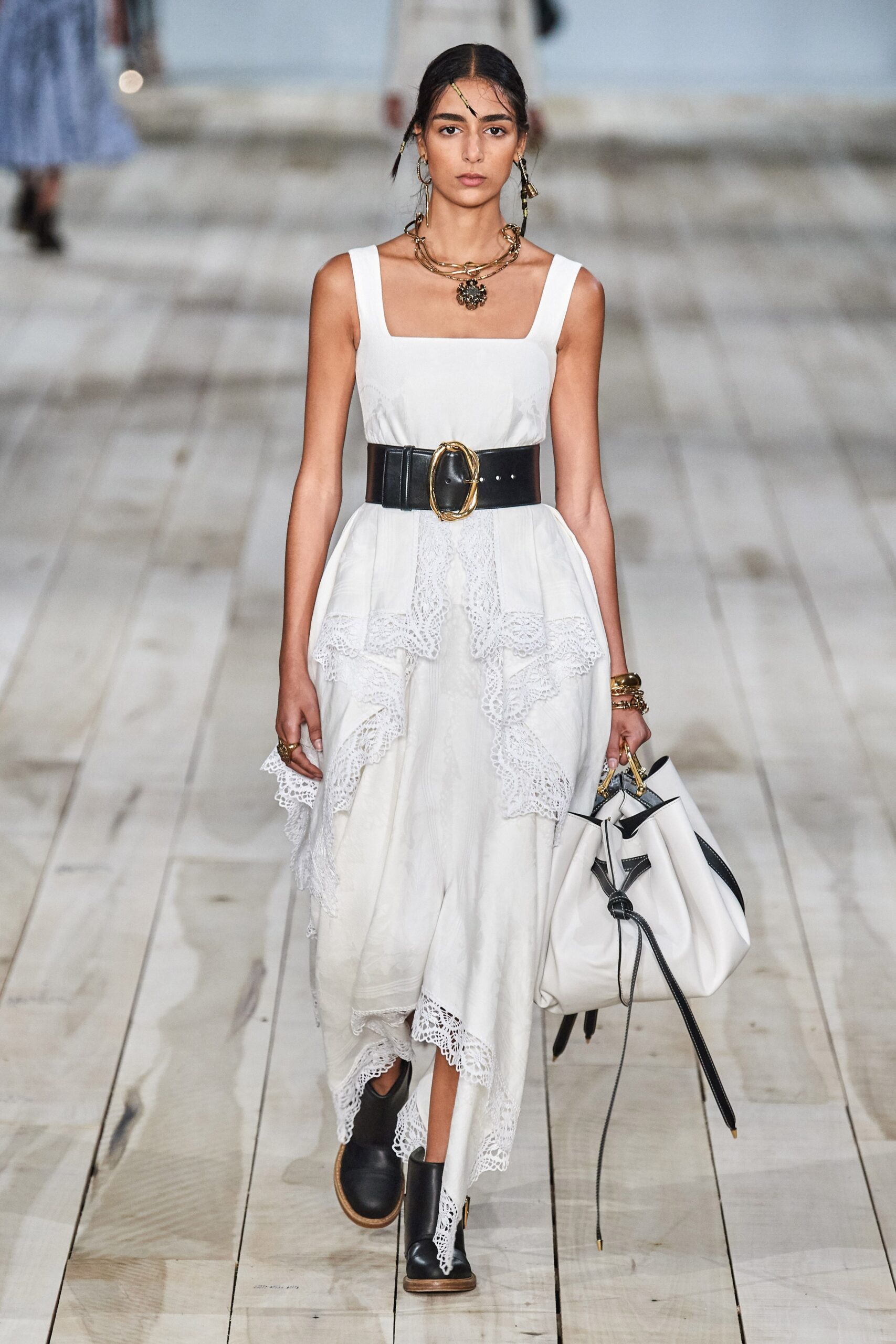 white cotton midi dress with ruffles